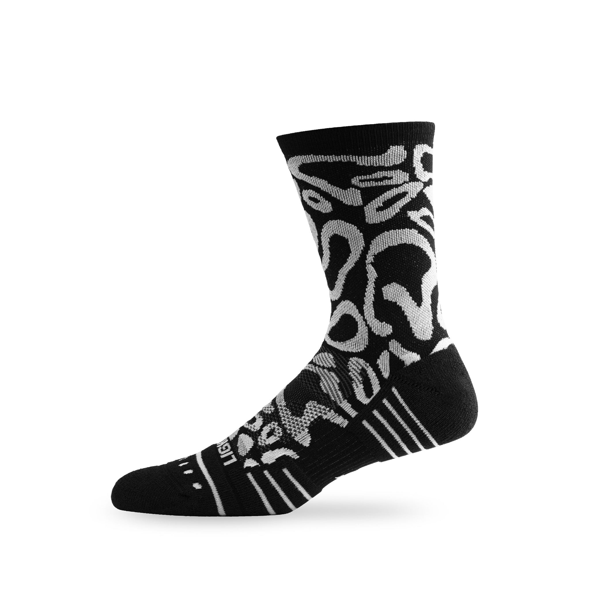 Side view of Lightfeet Performance Scribbles Black White Crew Socks
