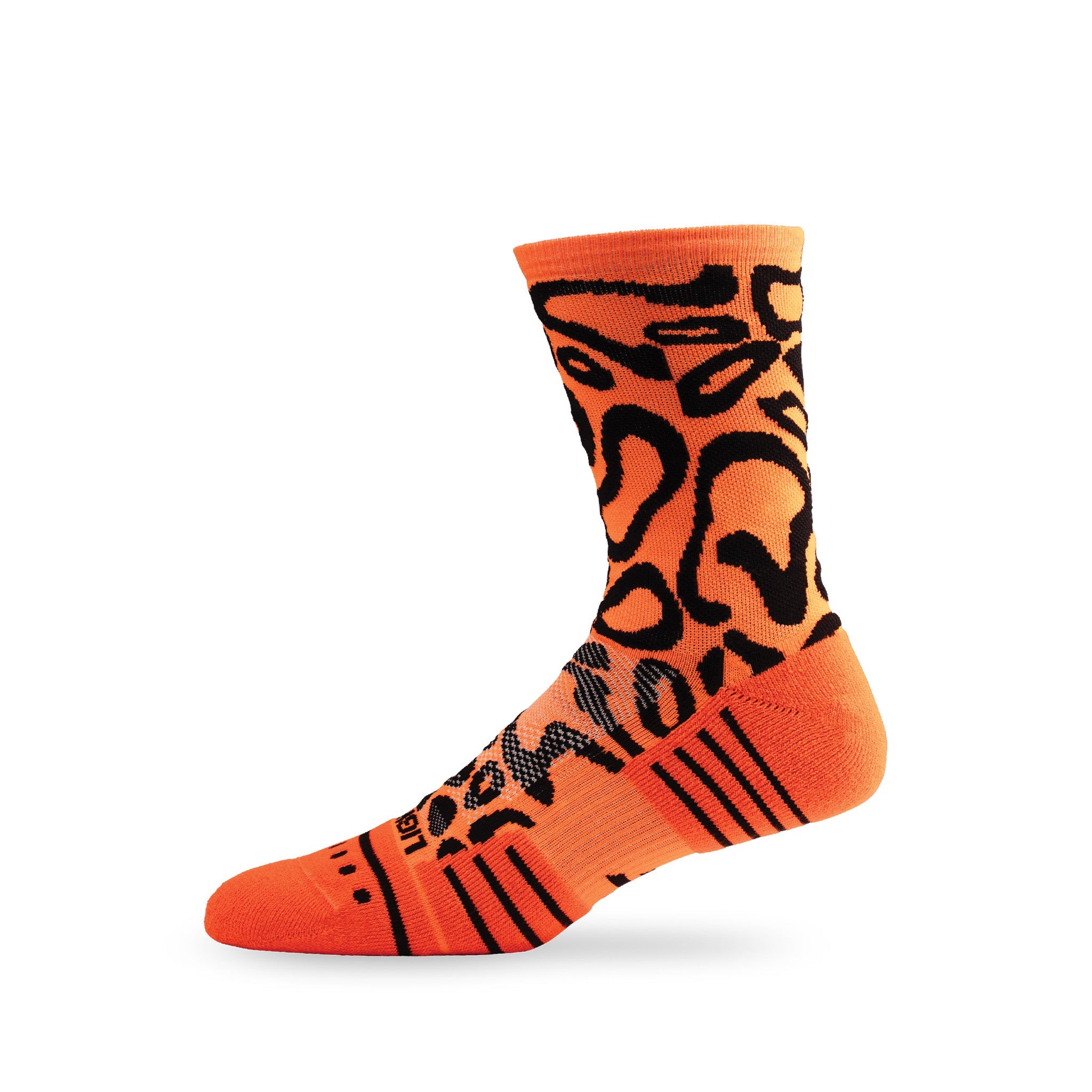 Side view of Lightfeet Performance Scribbles Orange Black Crew Socks