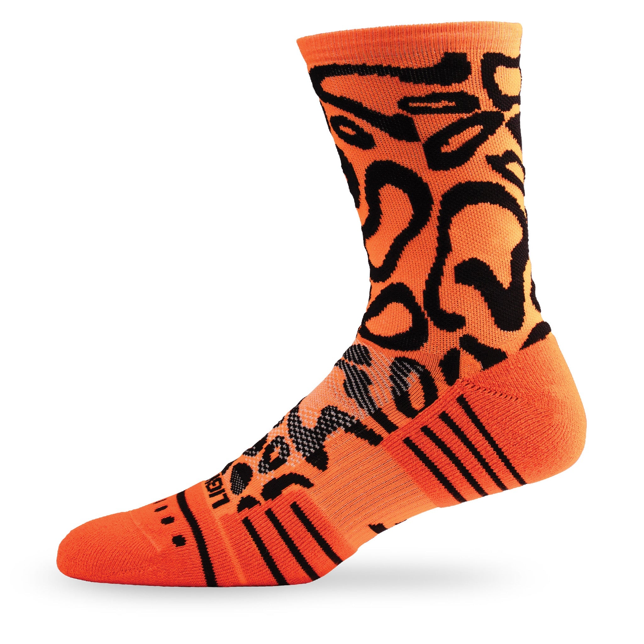 Side view of Lightfeet Performance Scribbles Orange Black Crew Socks