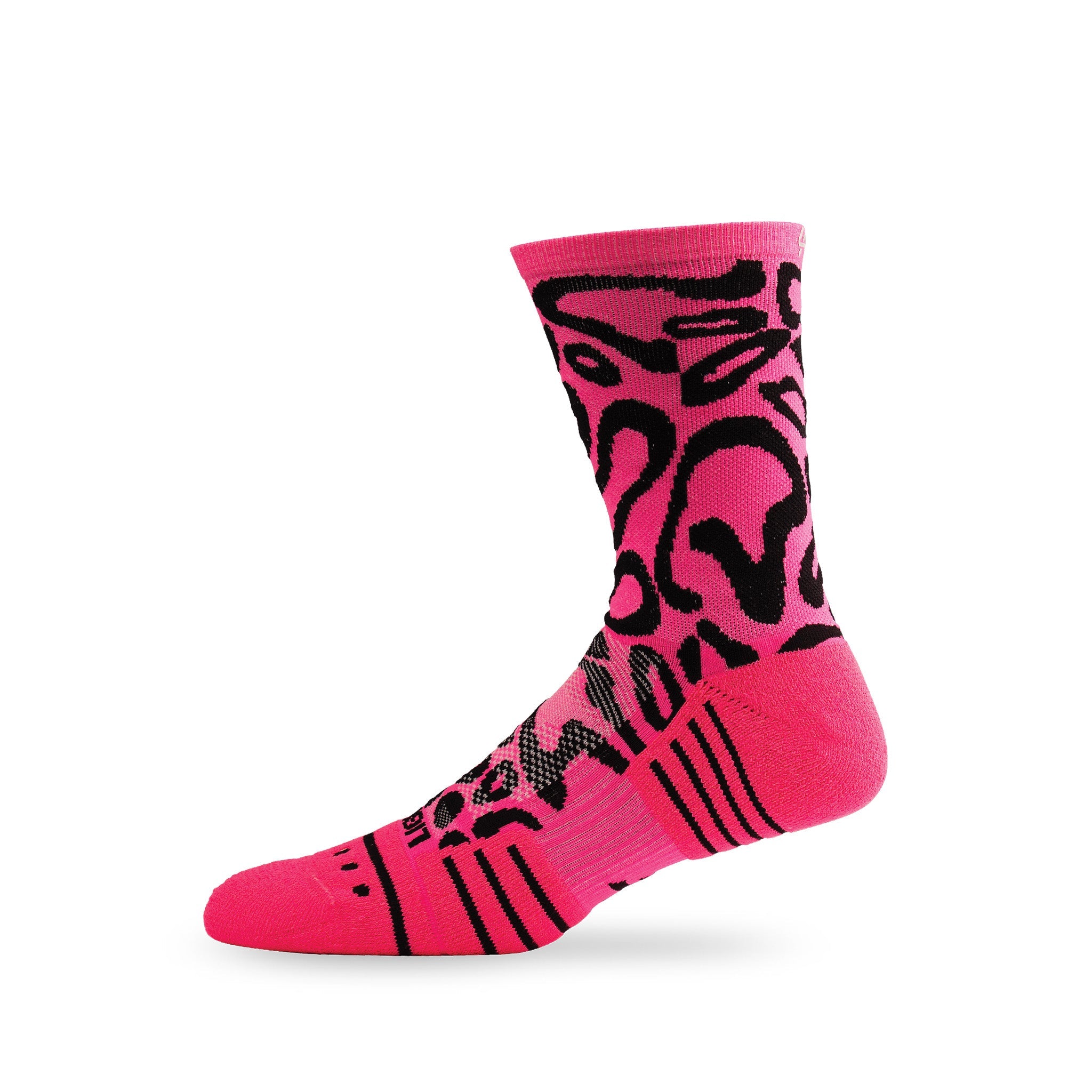 Side view of Lightfeet Performance Scribbles Pink Black Crew Socks