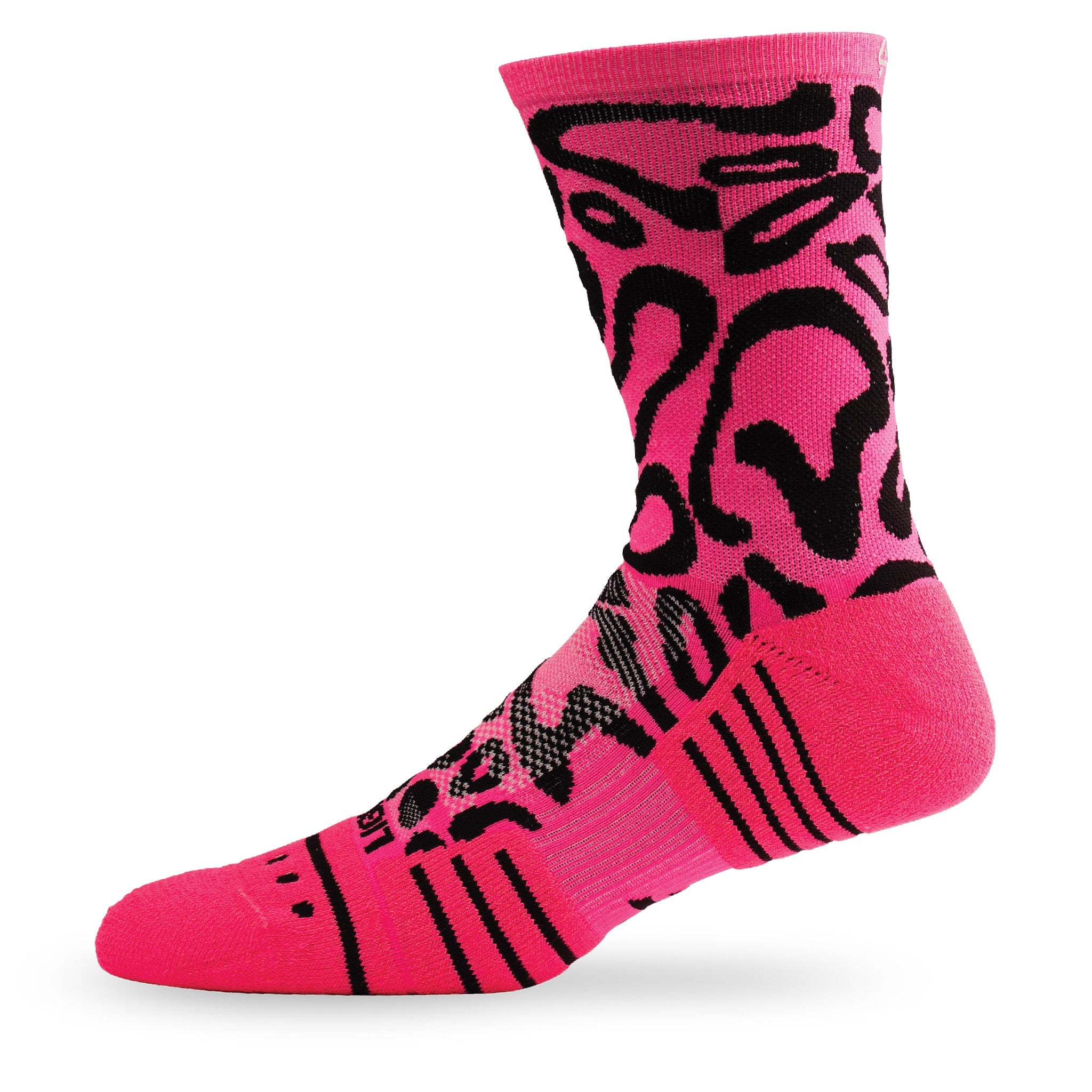 Side view of Lightfeet Performance Scribbles Pink Black Crew Socks