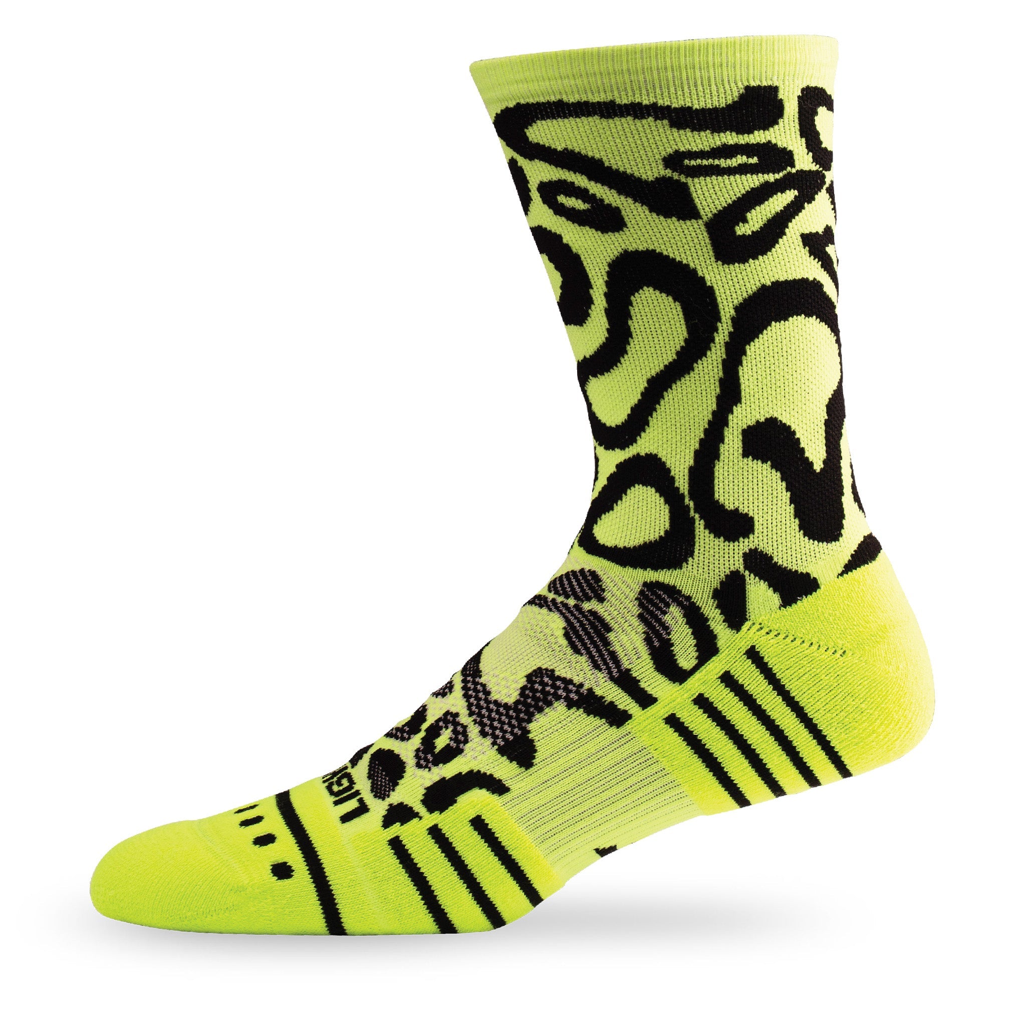 Side view of Lightfeet Performance Scribbles Yellow Black Crew Socks