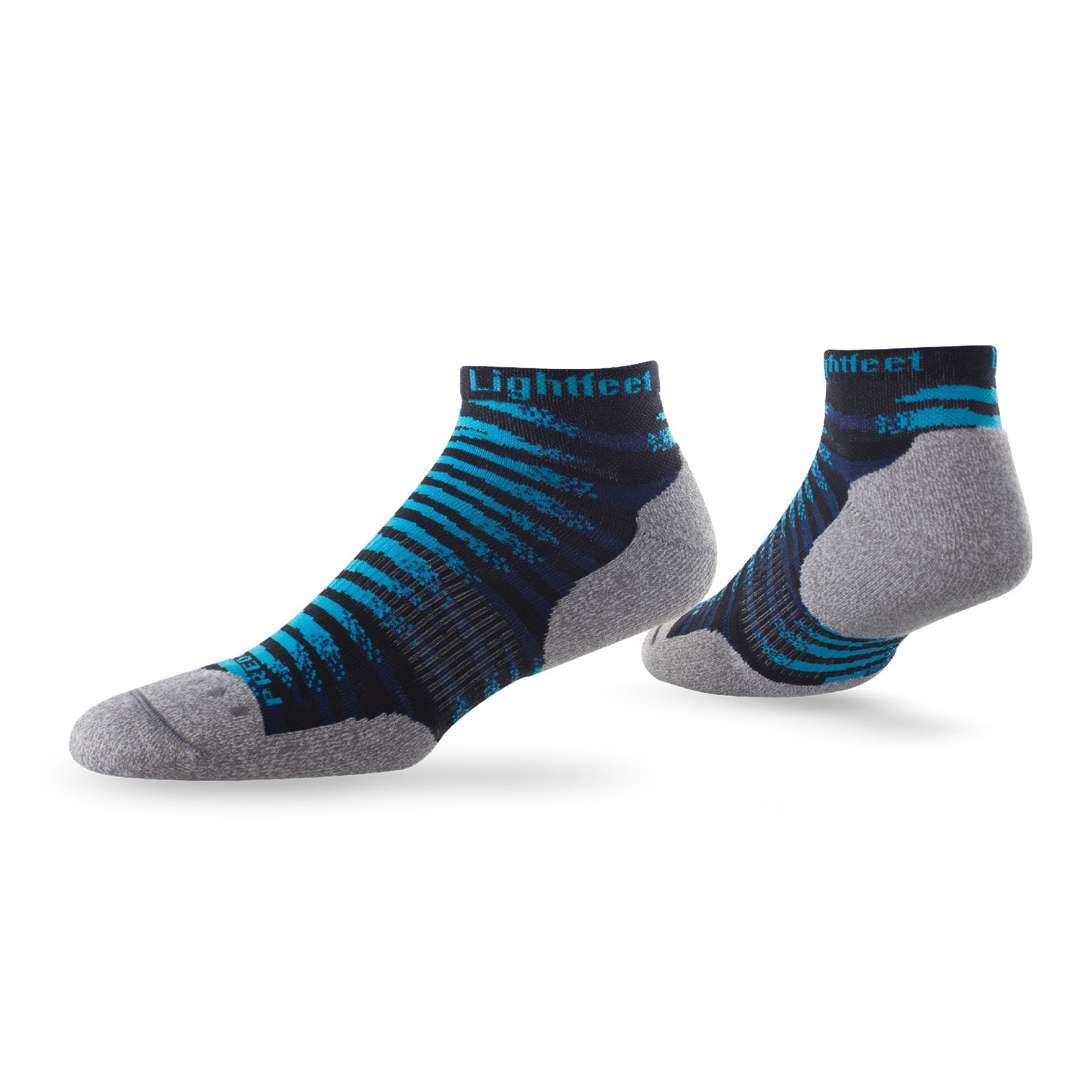 Pair of Lightfeet Predator Black Aqua Navy Mini Crew Performance Running Socks