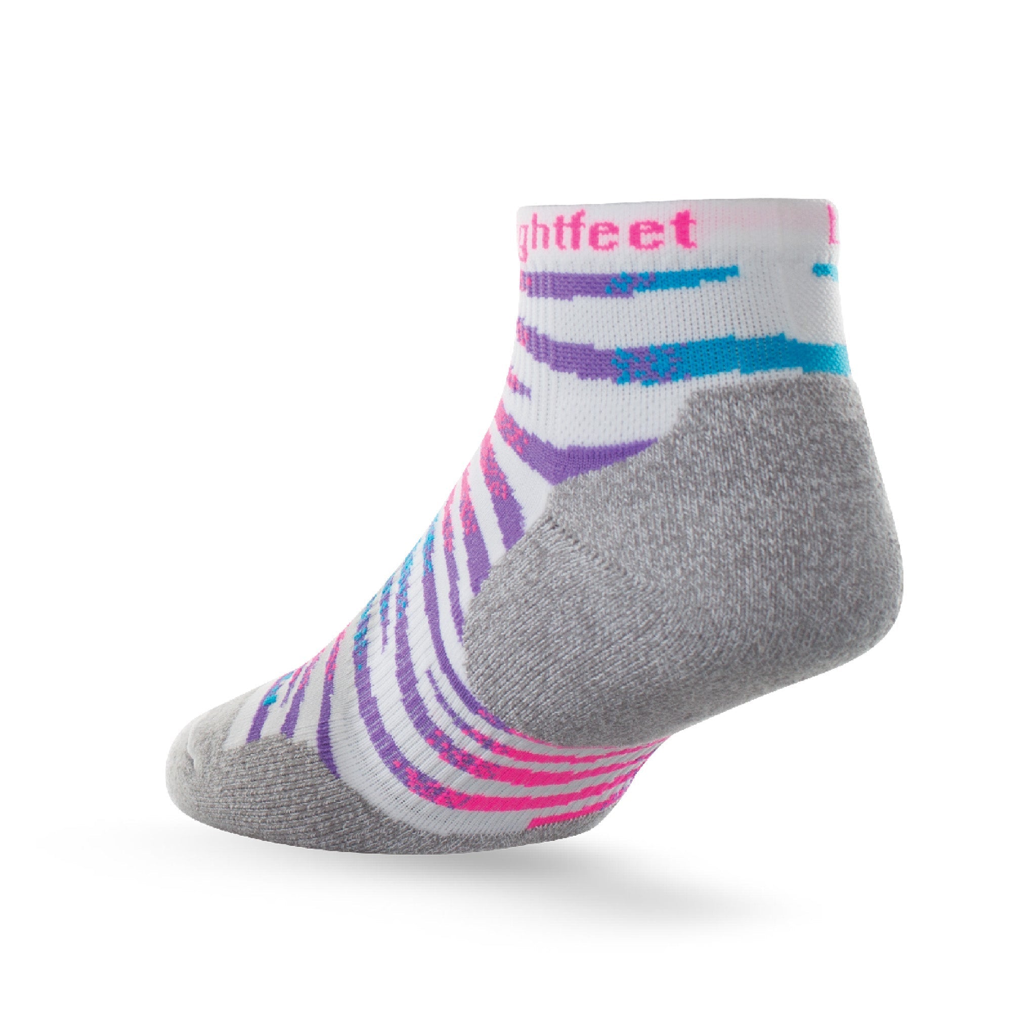 Heel view of Lightfeet Predator White Fluro Pink Mini Crew Performance Running Sock