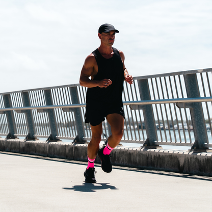 Image of person wearing Lightfeet Performance 2 Stripes Pink White Black_x0010_Crew Socks 