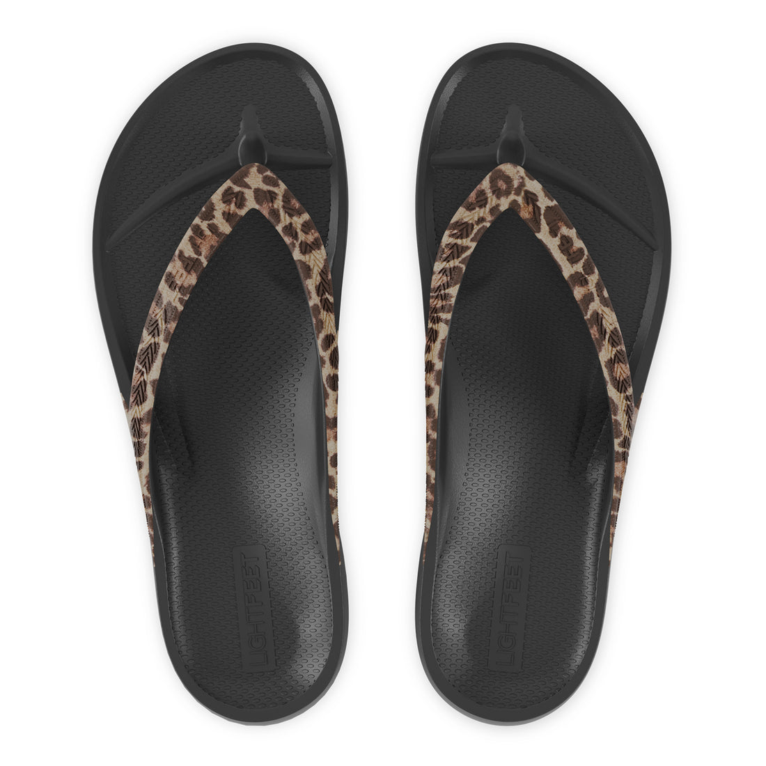 Top view of black leopard print Lightfeet Arch Support Flip Flops