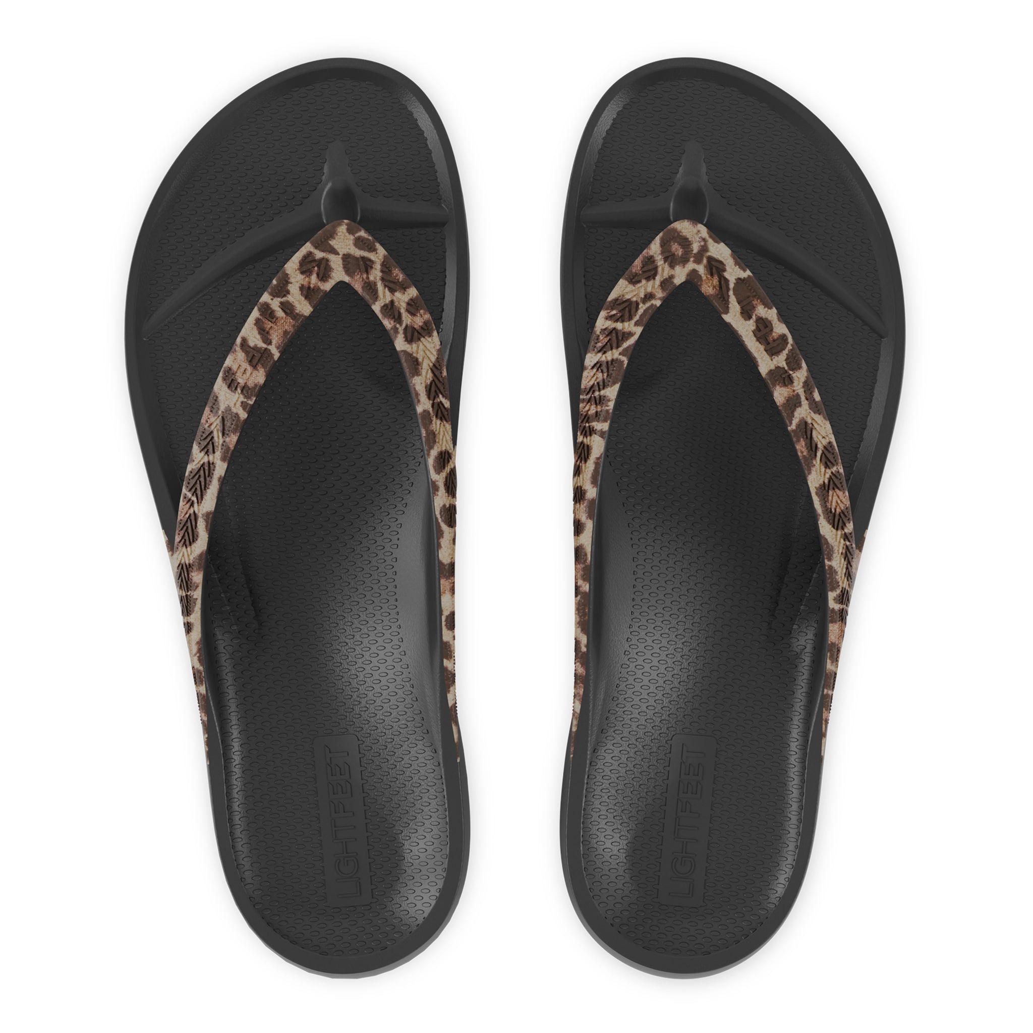 Top view of black leopard print Lightfeet Arch Support Flip Flops