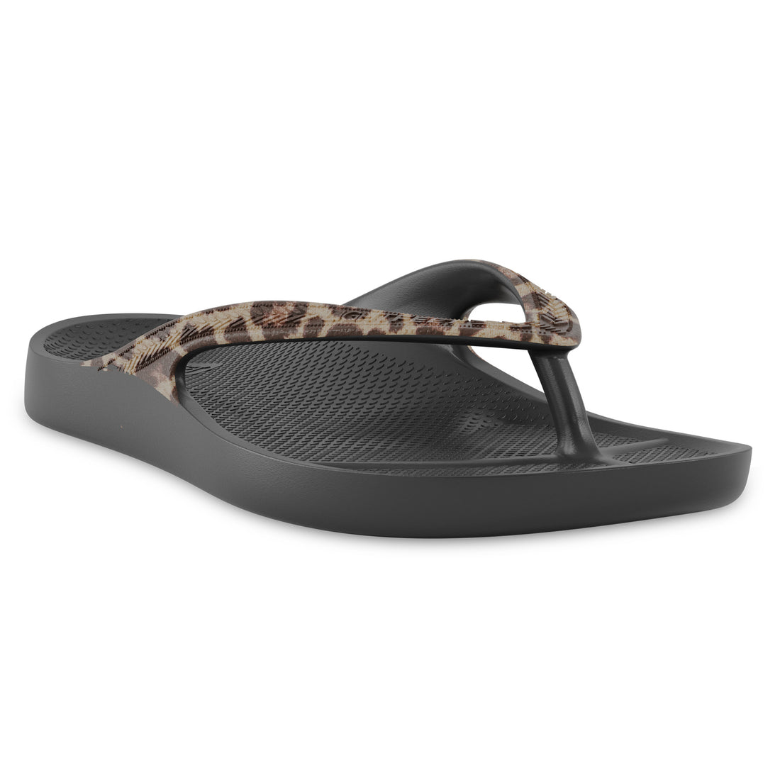 Angle view of black leopard print Lightfeet Arch Support Flip Flop