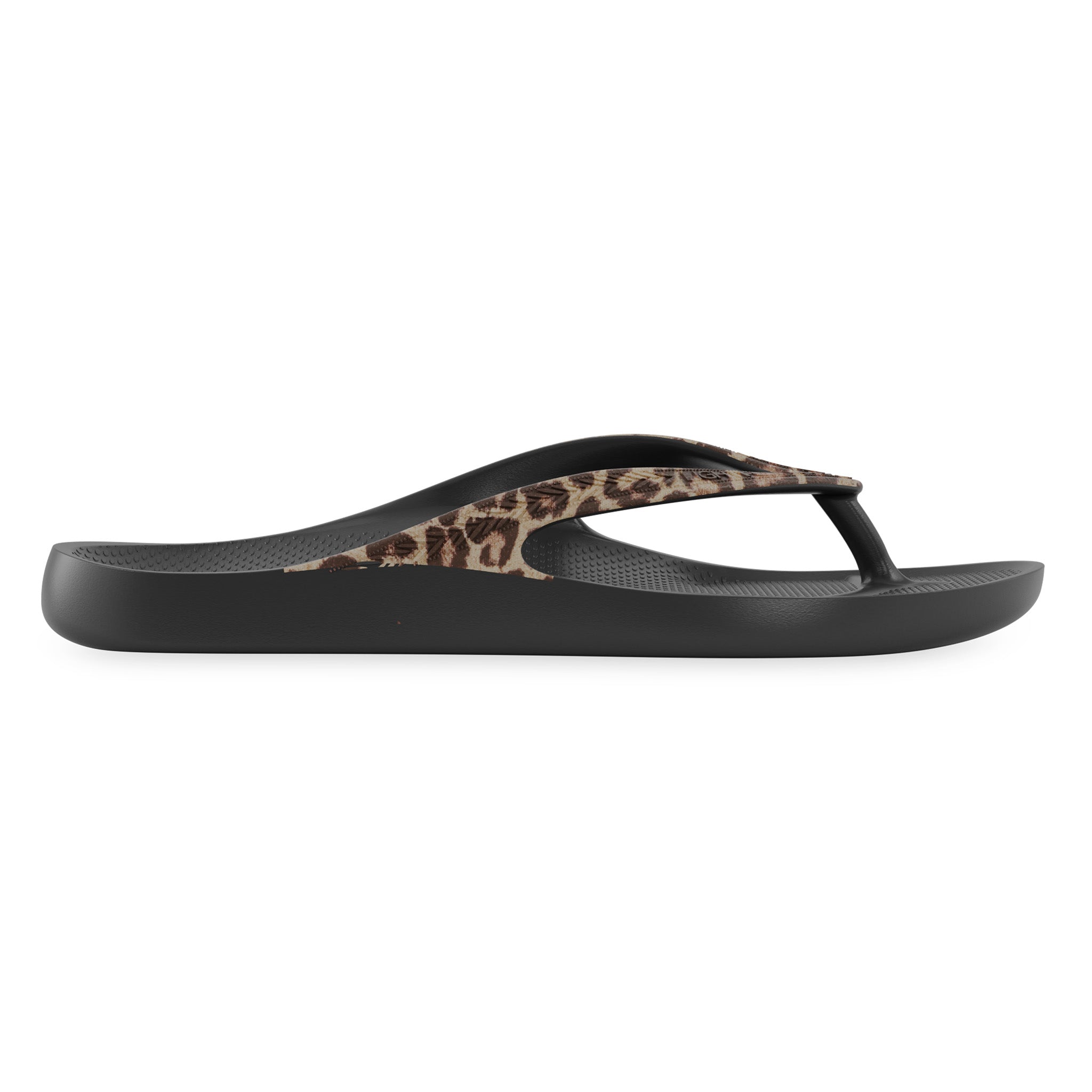 Side view of black leopard print Lightfeet Arch Support Flip Flop