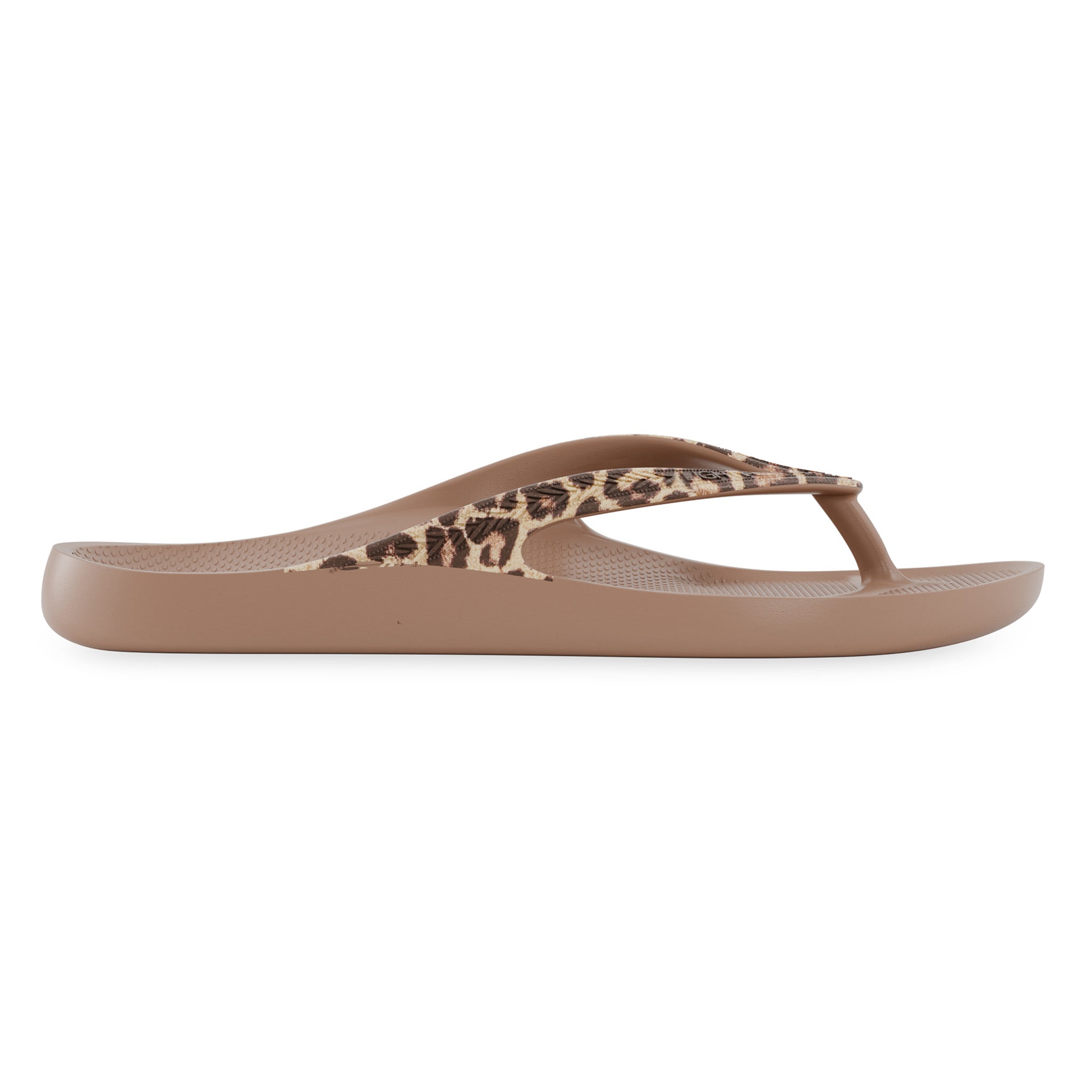 Side view of latte leopard print Lightfeet Arch Support Flip Flop