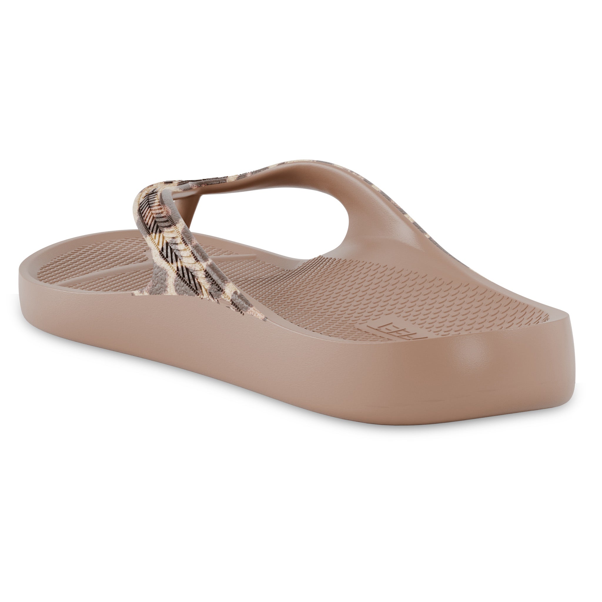 Back angle view of latte leopard print Lightfeet Arch Support Flip Flop