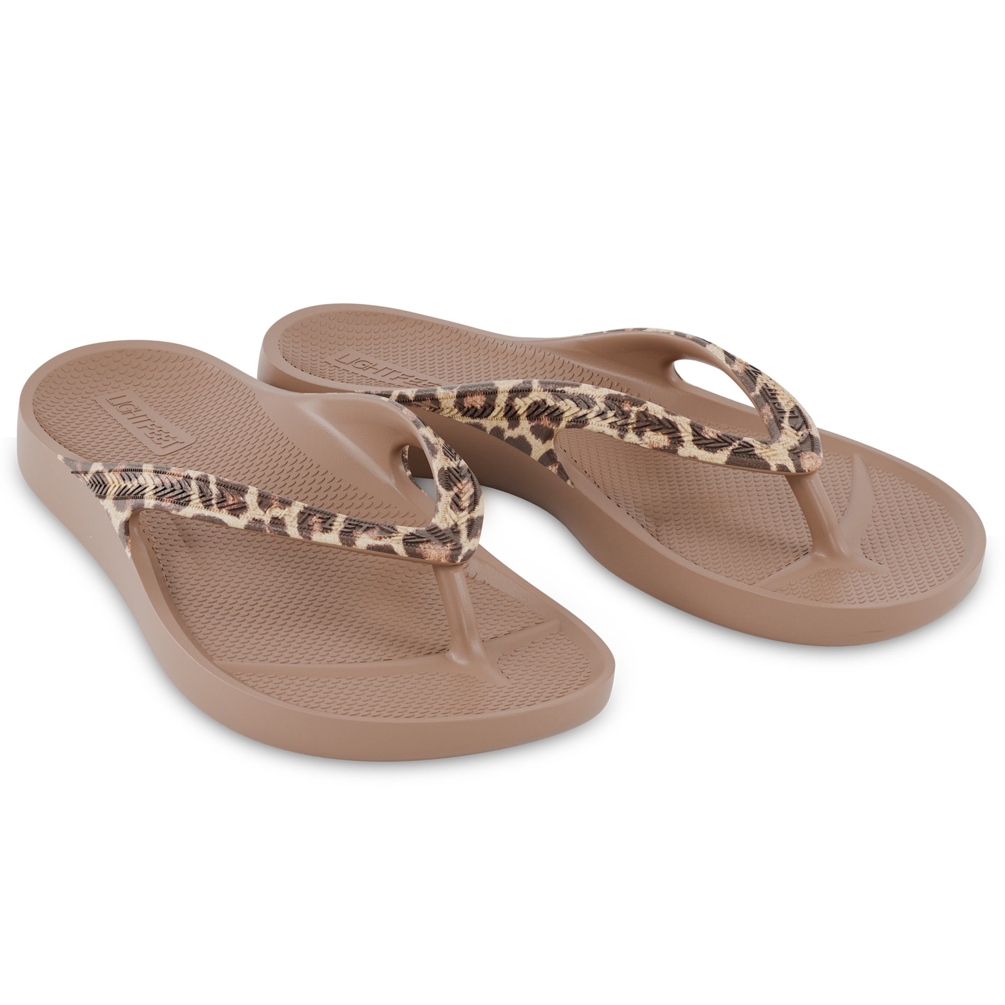 Pair of latte leopard print Lightfeet Arch Support Flip Flops