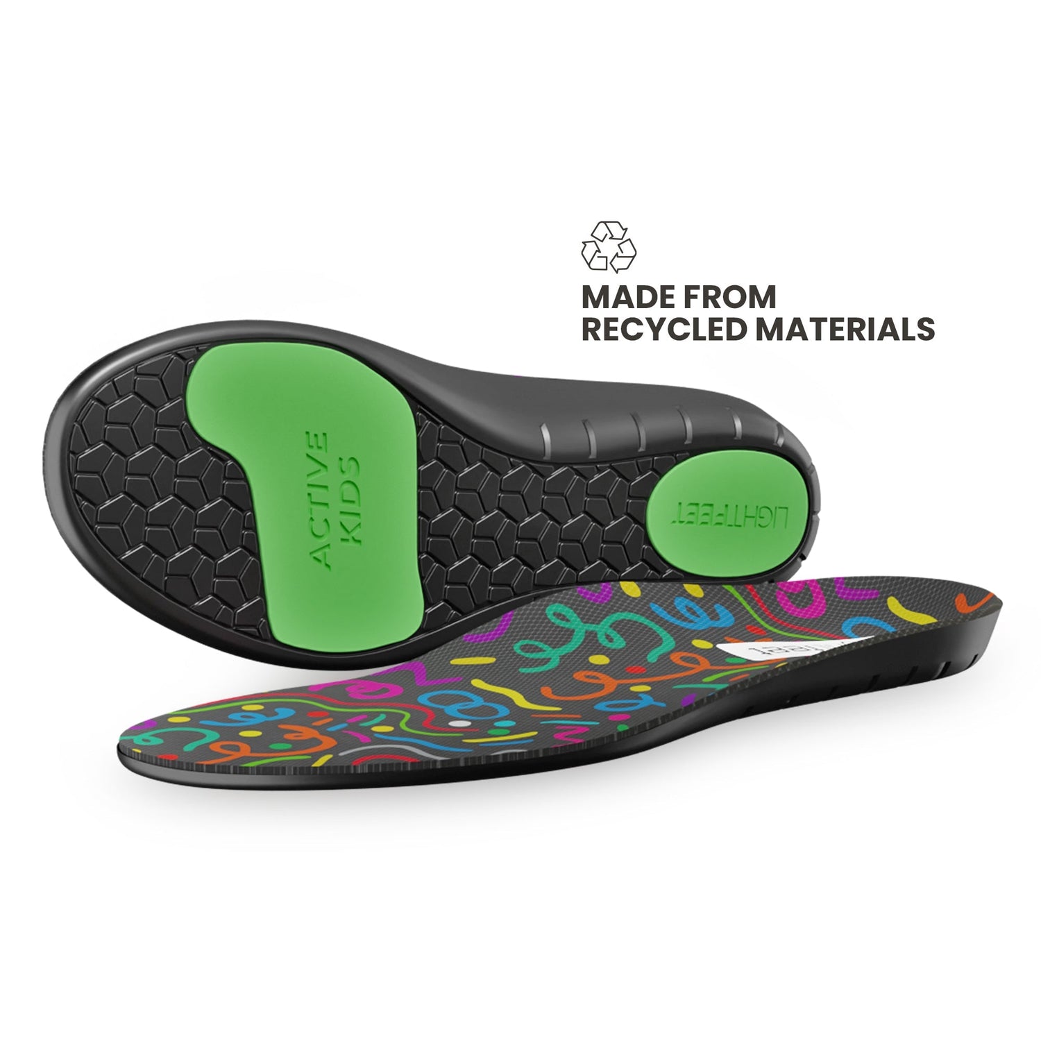 Pair of Lightfeet Active Kids Orthotic Insoles showing the bottom of one insole and the side profile of the other insole