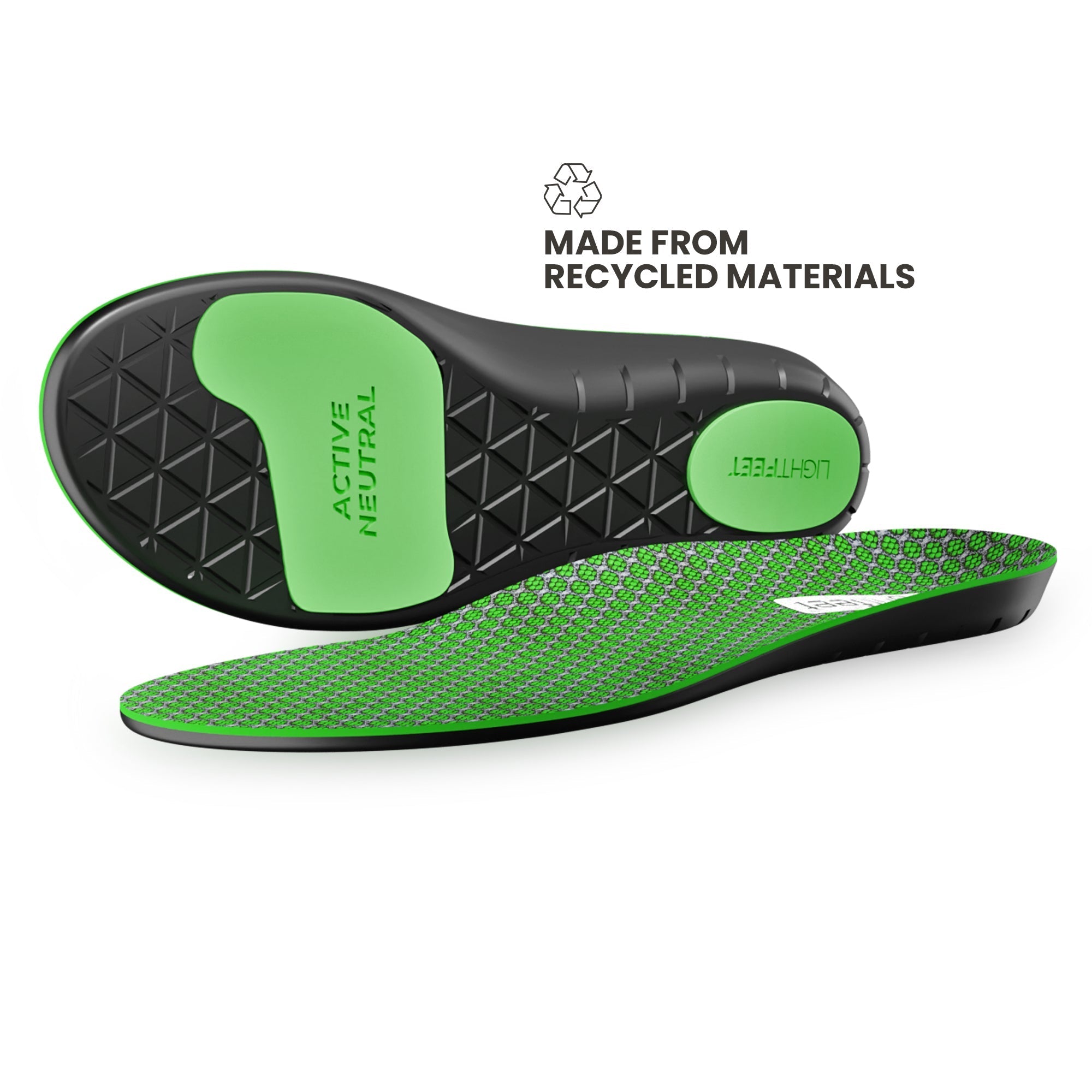 Pair of Lightfeet Active Neutral Orthotic Insoles showing the bottom of one insole and the side profile of the other insole