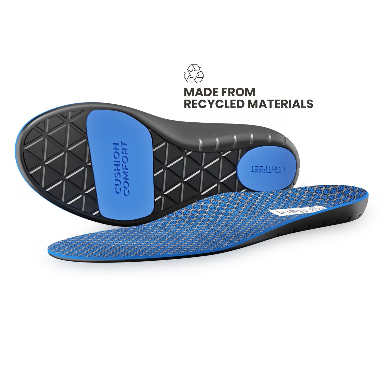 Pair of Lightfeet Cushion Comfort Orthotic Insoles showing the bottom of one insole and the side profile of the other insole