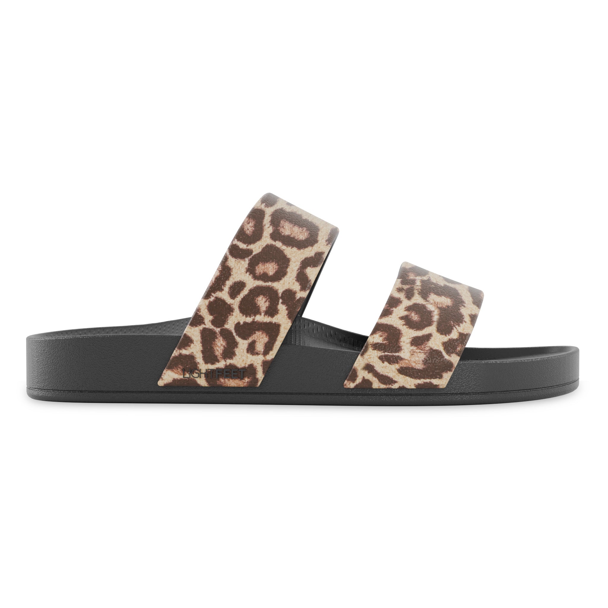 Side view of black leopard print Lightfeet Double Strap Slides