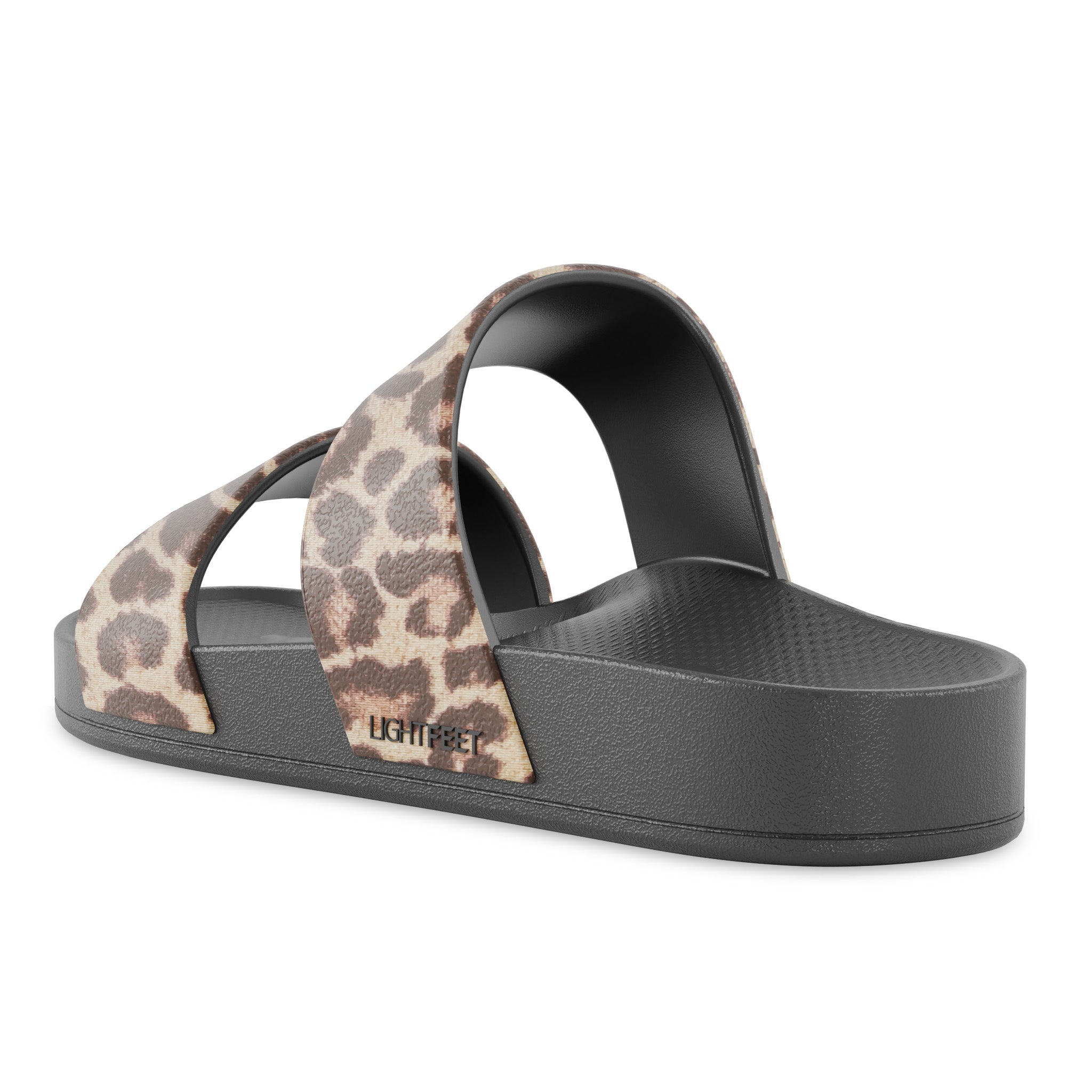 Back angle view of black leopard print Lightfeet Double Strap Slides