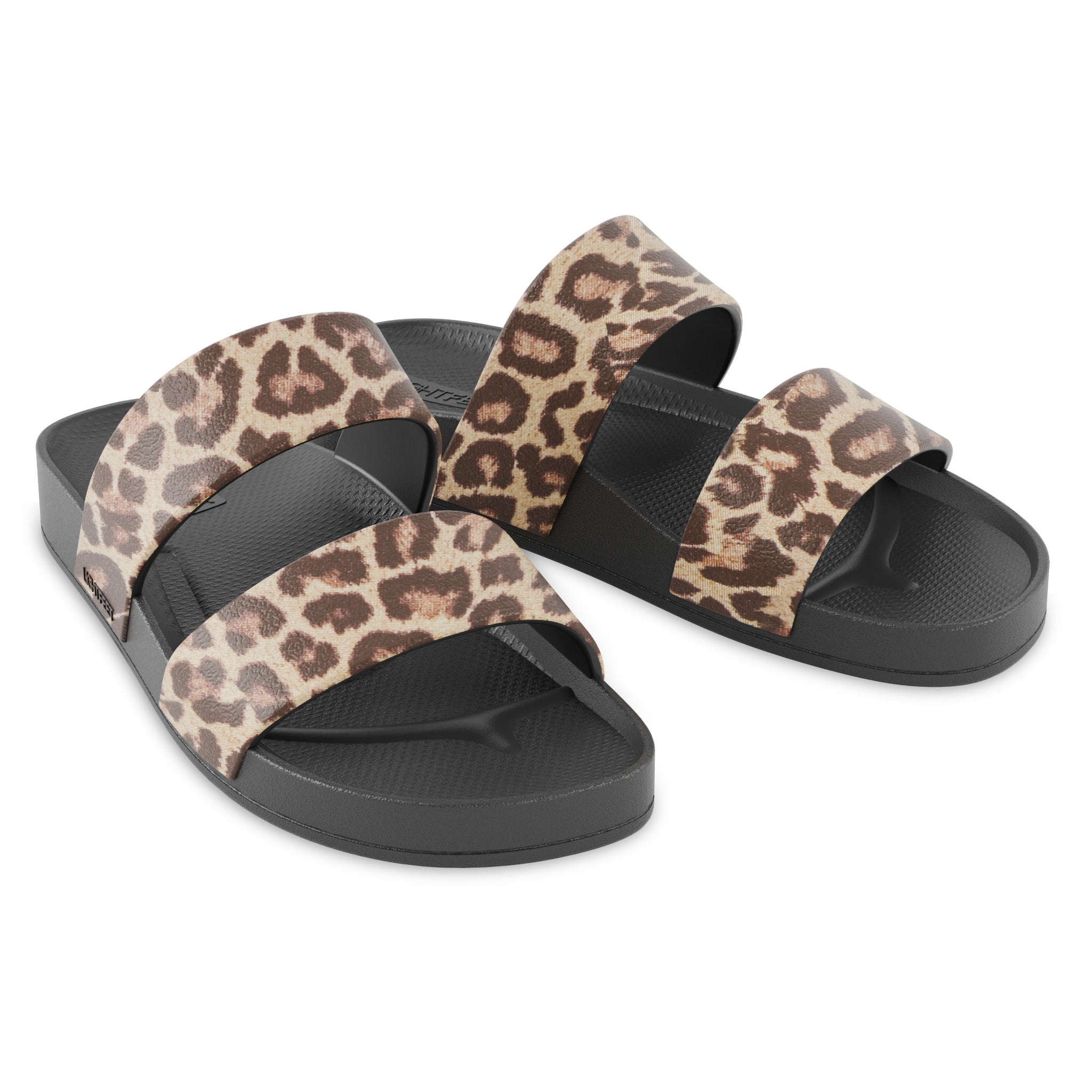 Pair of black leopard print Lightfeet Double Strap Slides