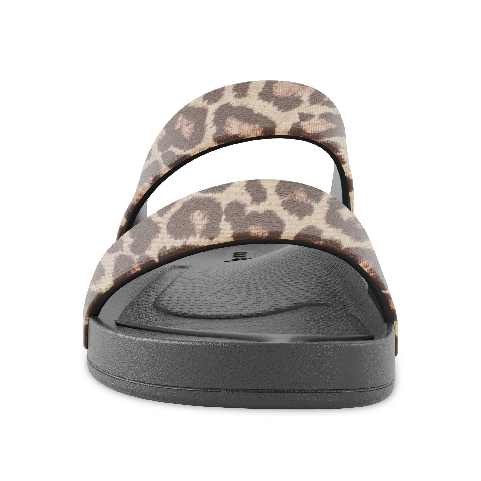 Front view of black leopard print Lightfeet Double Strap Slides
