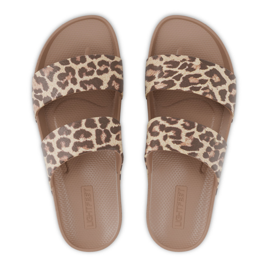 Top view of latte leopard print Lightfeet Double Strap Slides