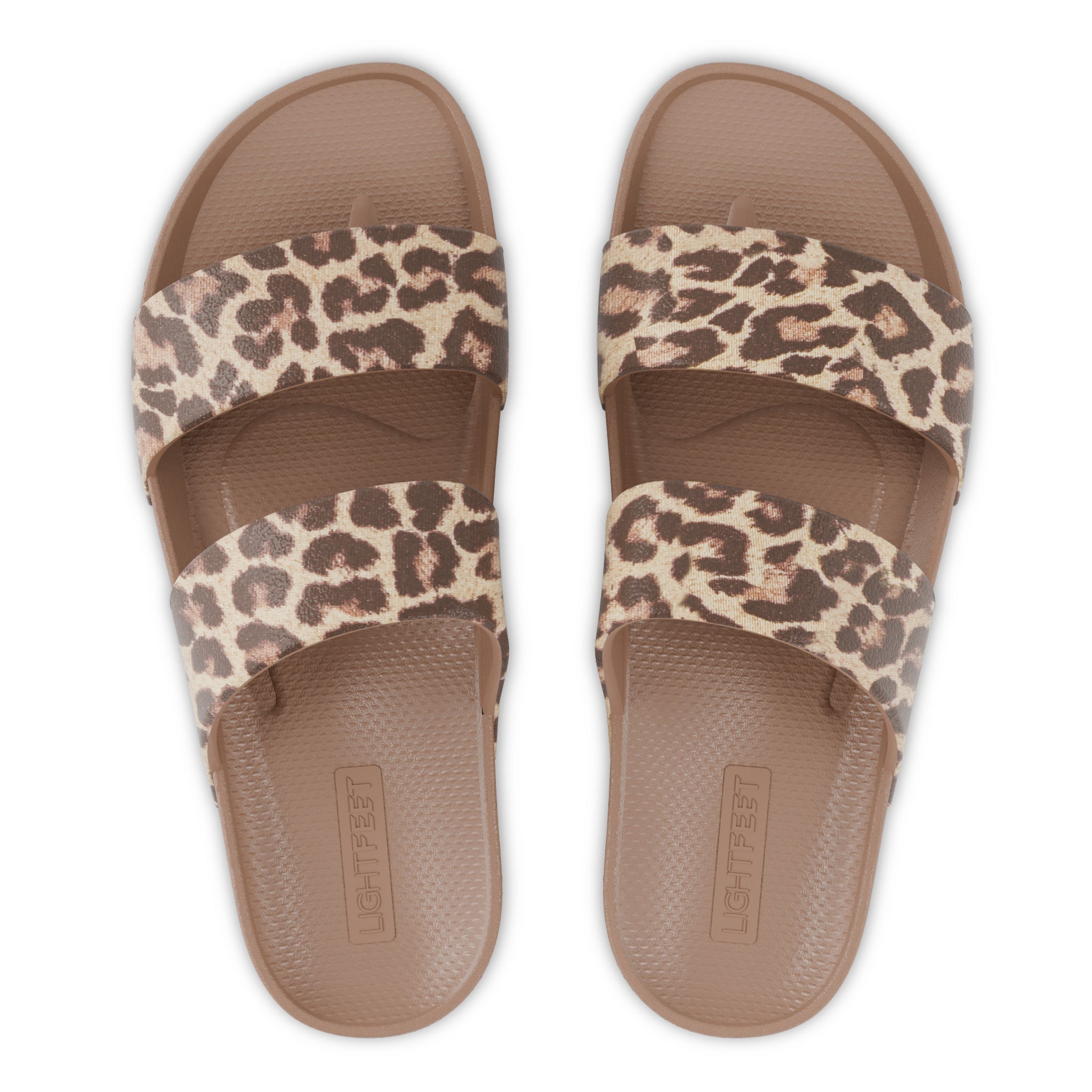 Top view of latte leopard print Lightfeet Double Strap Slides