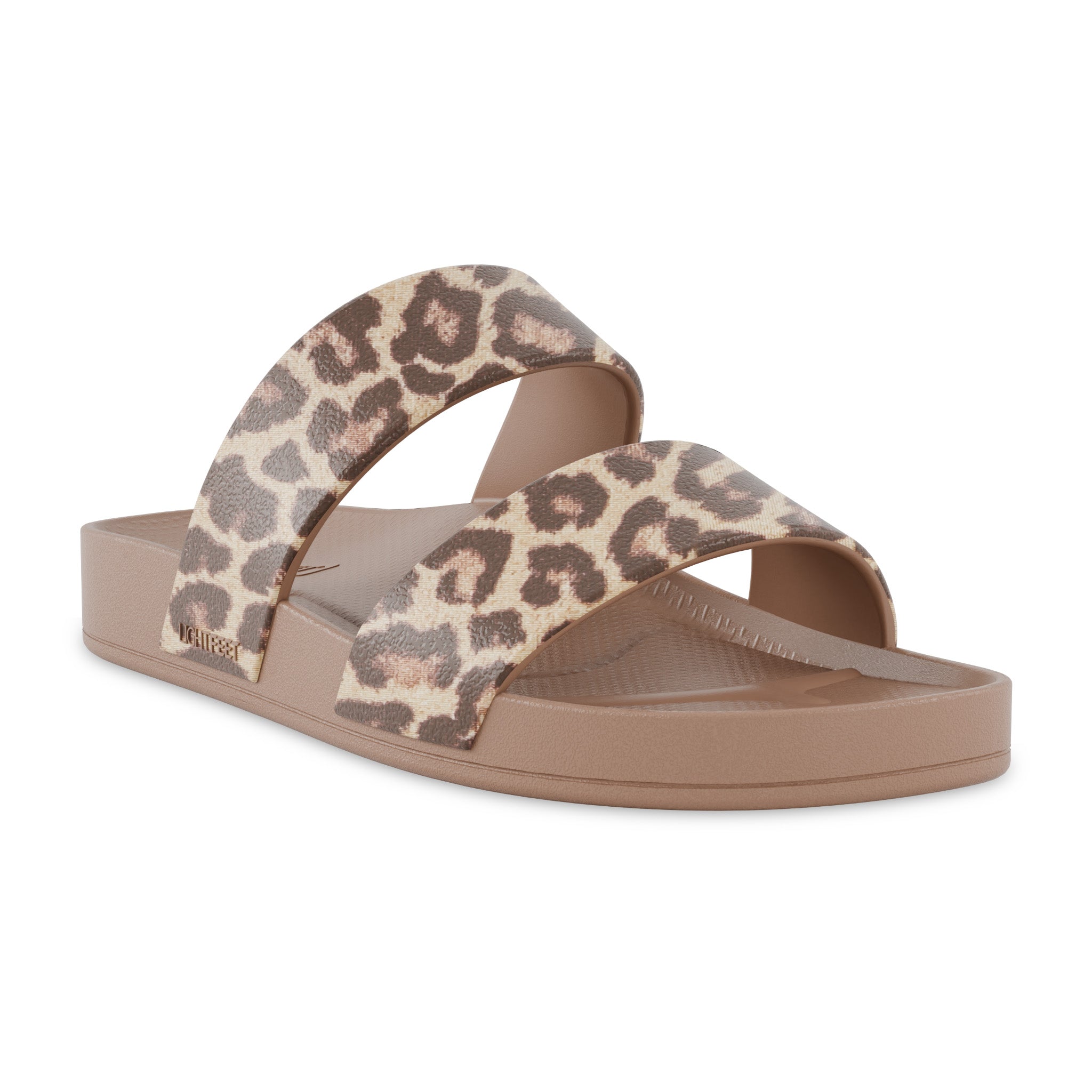 Angle view of latte leopard print Lightfeet Double Strap Slides