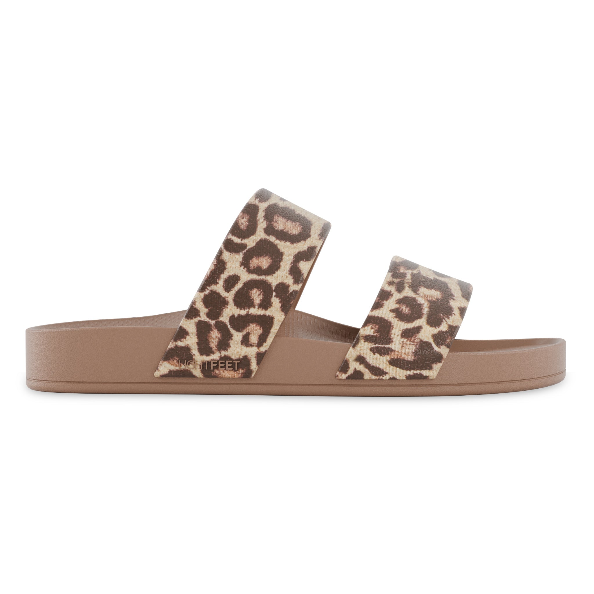 Side view of latte leopard print Lightfeet Double Strap Slides