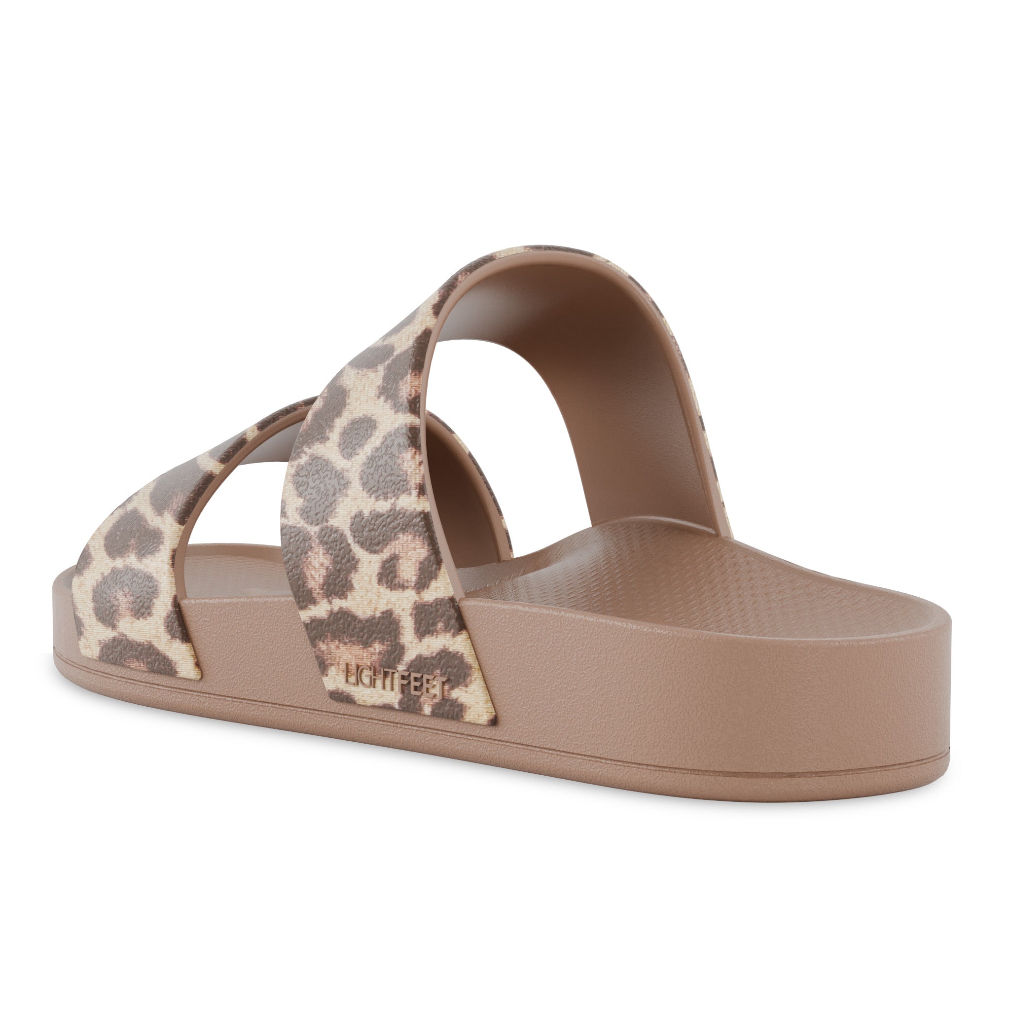 Back angle view of latte leopard print Lightfeet Double Strap Slides