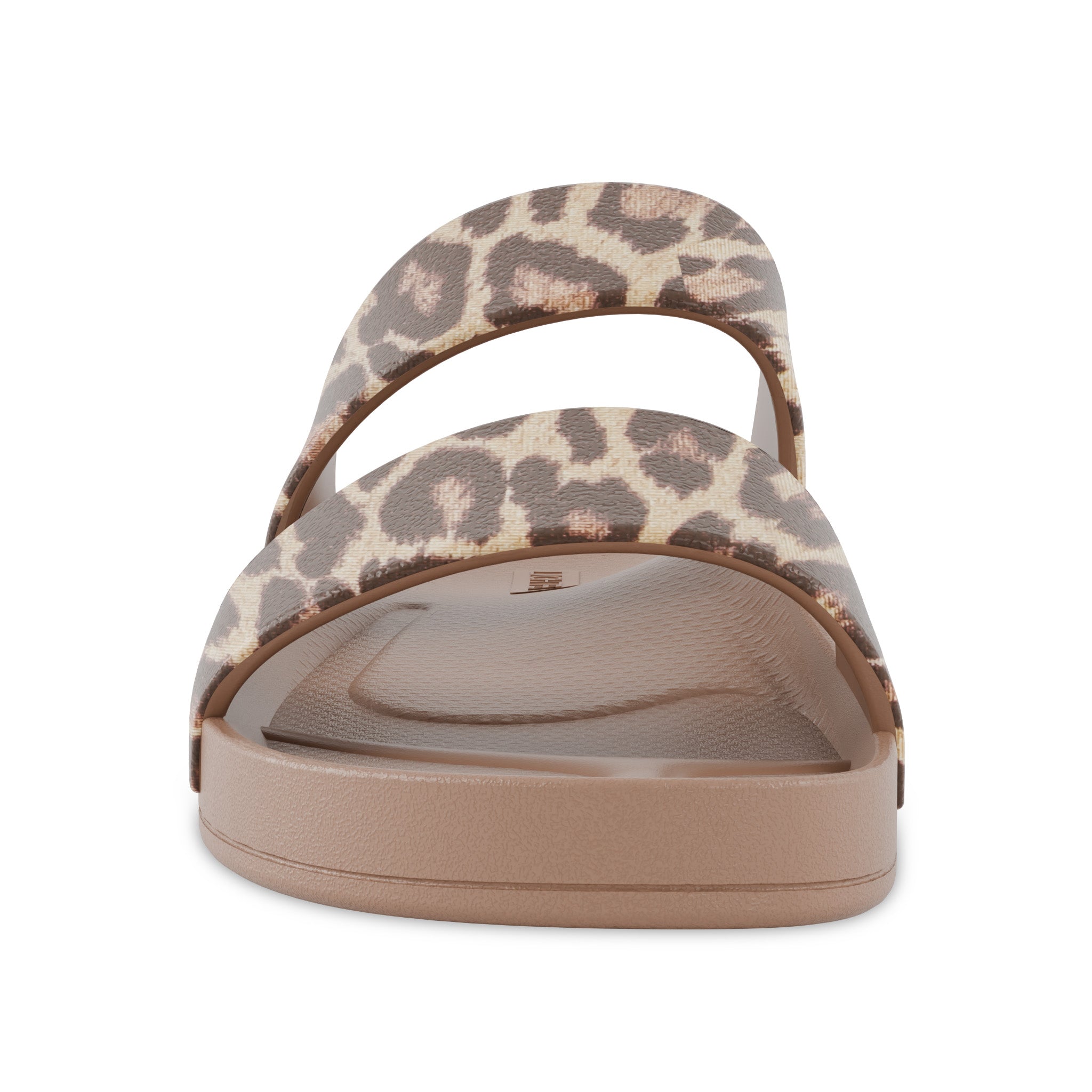Front angle view of latte leopard print Lightfeet Double Strap Slides