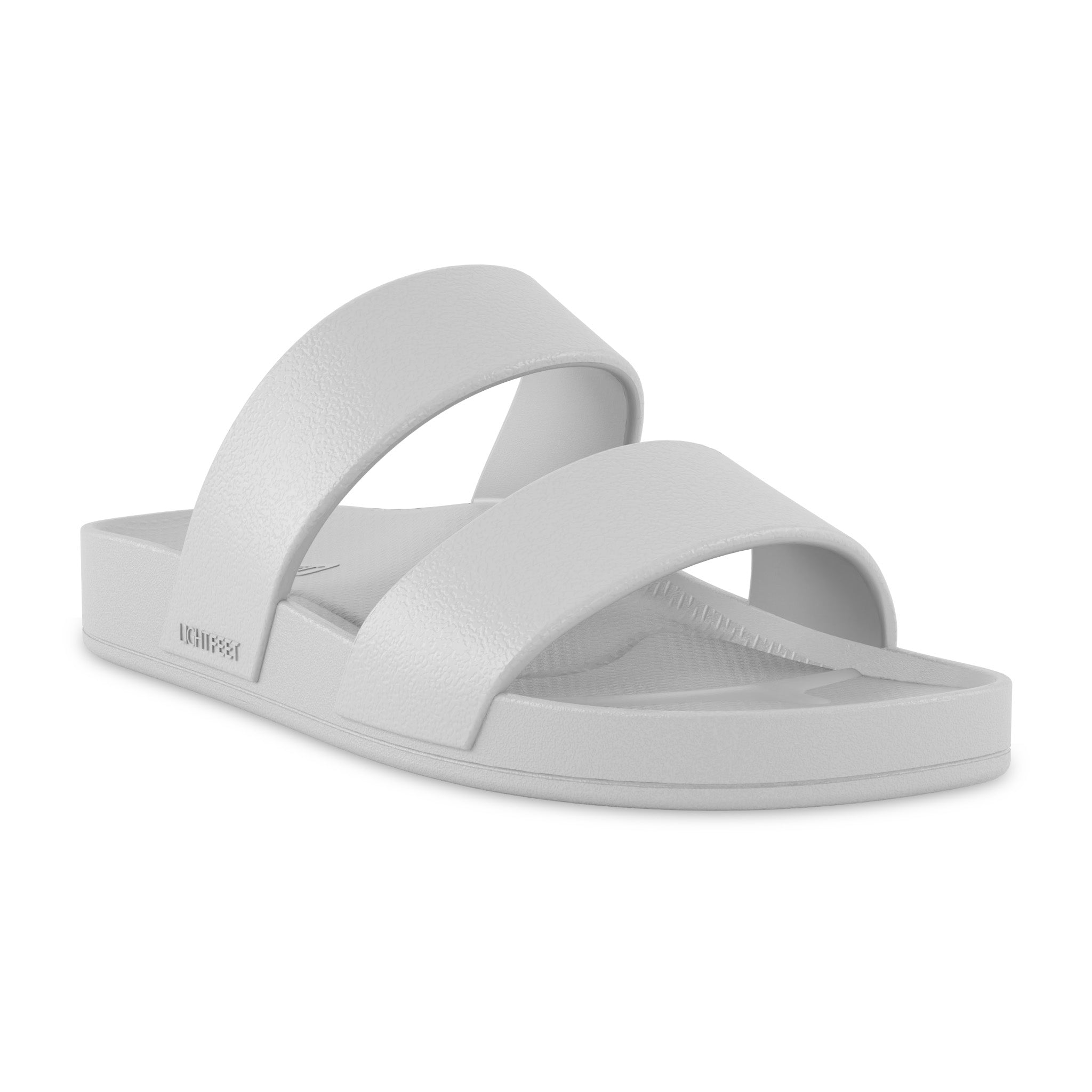 Front angle view of white Lightfeet Double Strap Slide