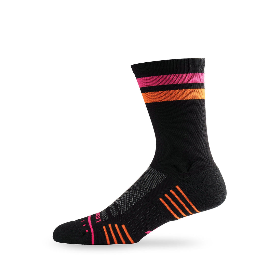 Side view of Lightfeet Performance 2 Stripes Black Pink Orange Crew Socks 