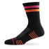 Side view of Lightfeet Performance 2 Stripes Black Pink Orange Crew Socks 