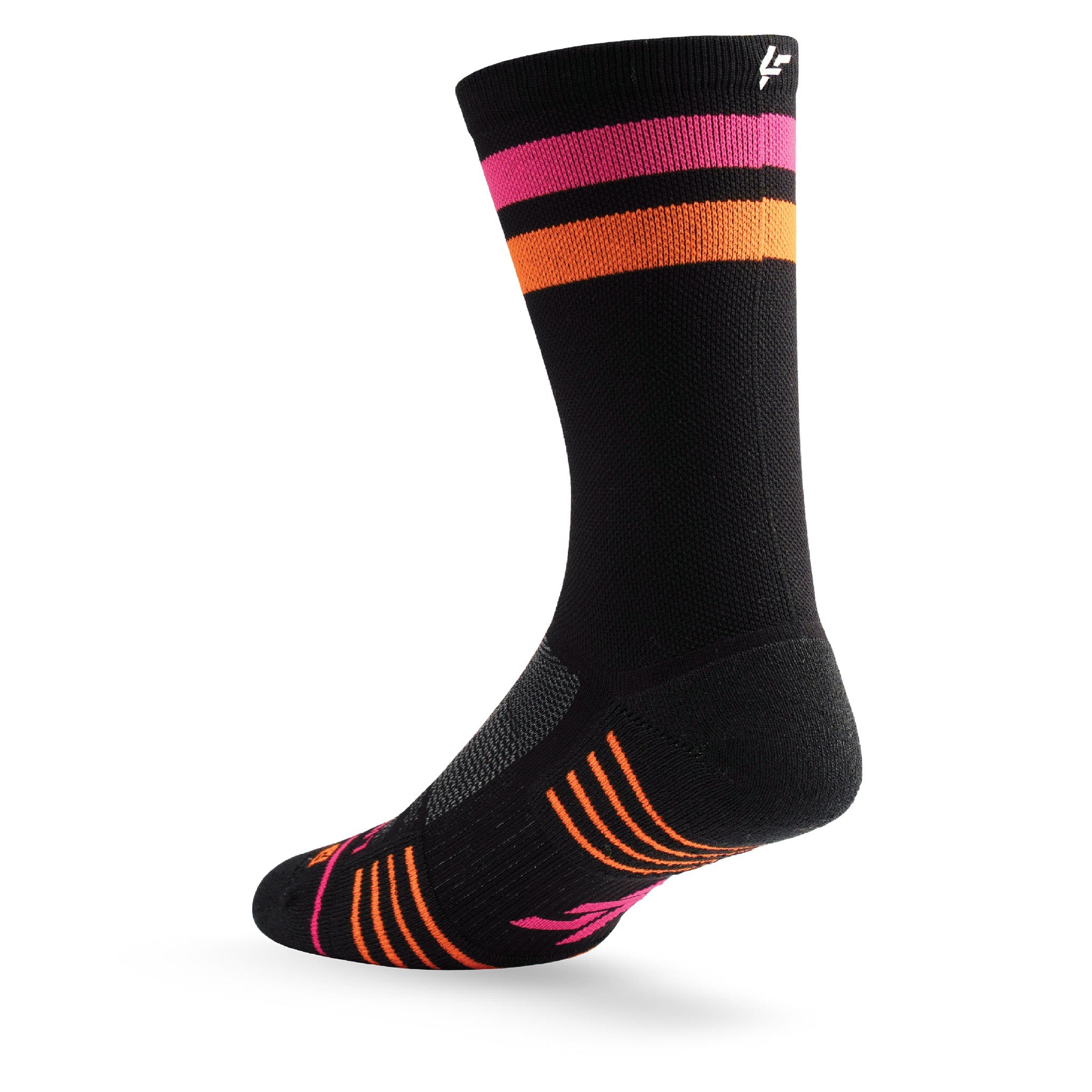 Heel view of Lightfeet Performance 2 Stripes Black Pink Orange Crew Socks 