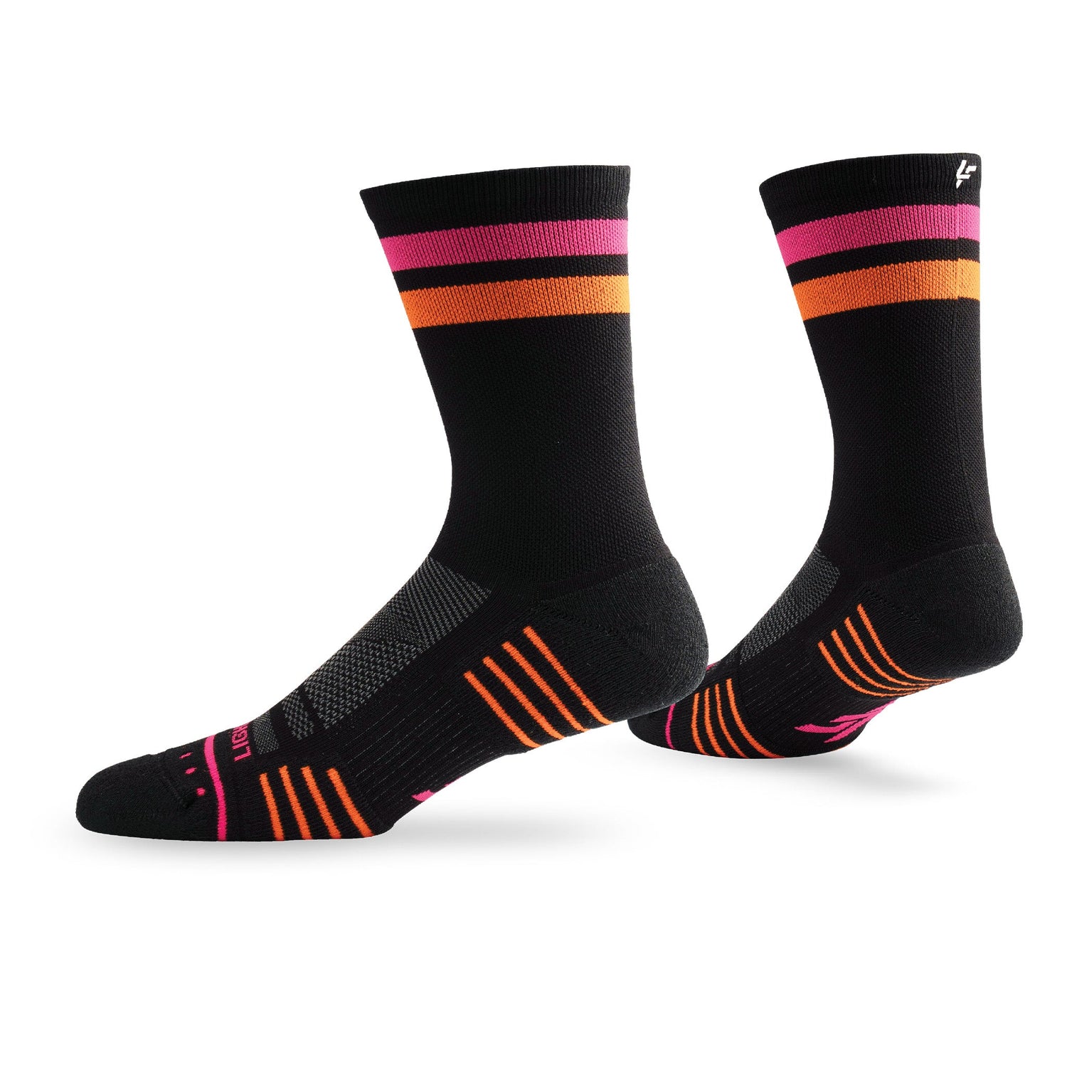 Pair of Lightfeet Performance 2 Stripes Black Pink Orange Crew Socks 