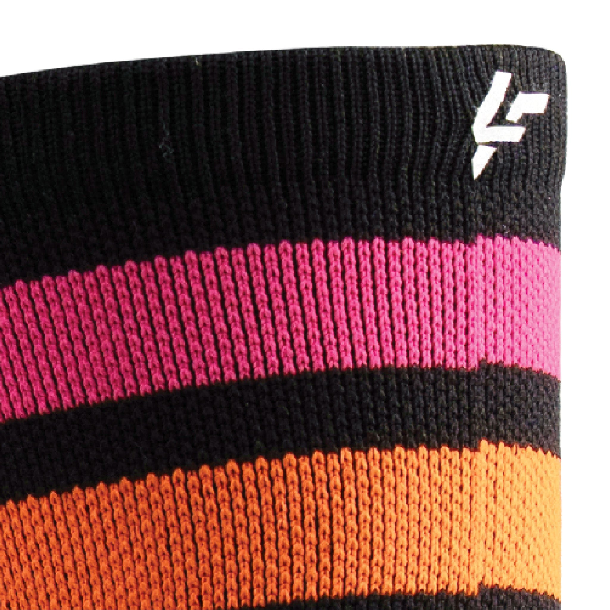 Close up view of reflective print symbol on Lightfeet Performance 2 Stripes Black Pink Orange Crew Socks 
