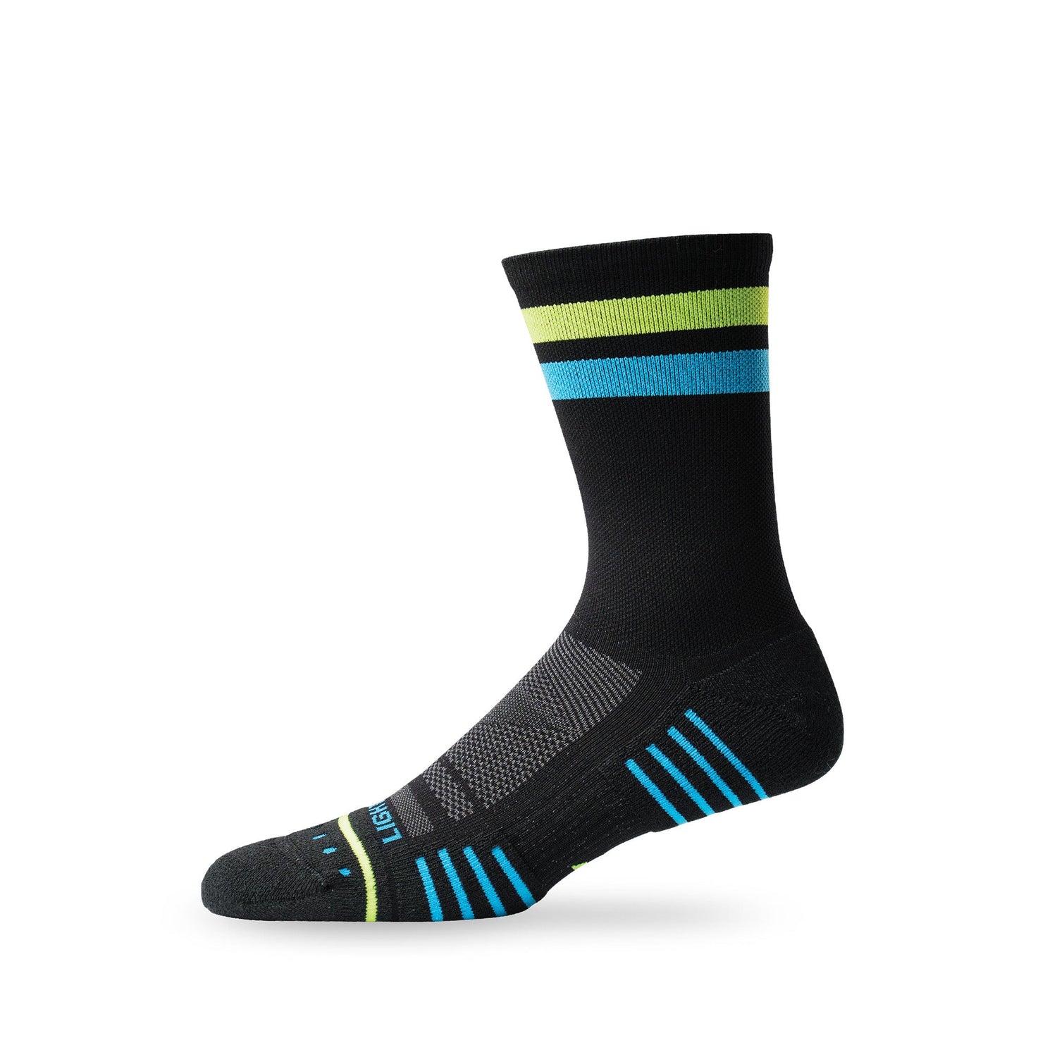 Side view of Lightfeet Performance 2 Stripes Black Yellow Aqua Crew Socks 