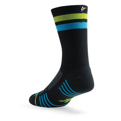 Heel view of Lightfeet Performance 2 Stripes Black Yellow Aqua Crew Socks 