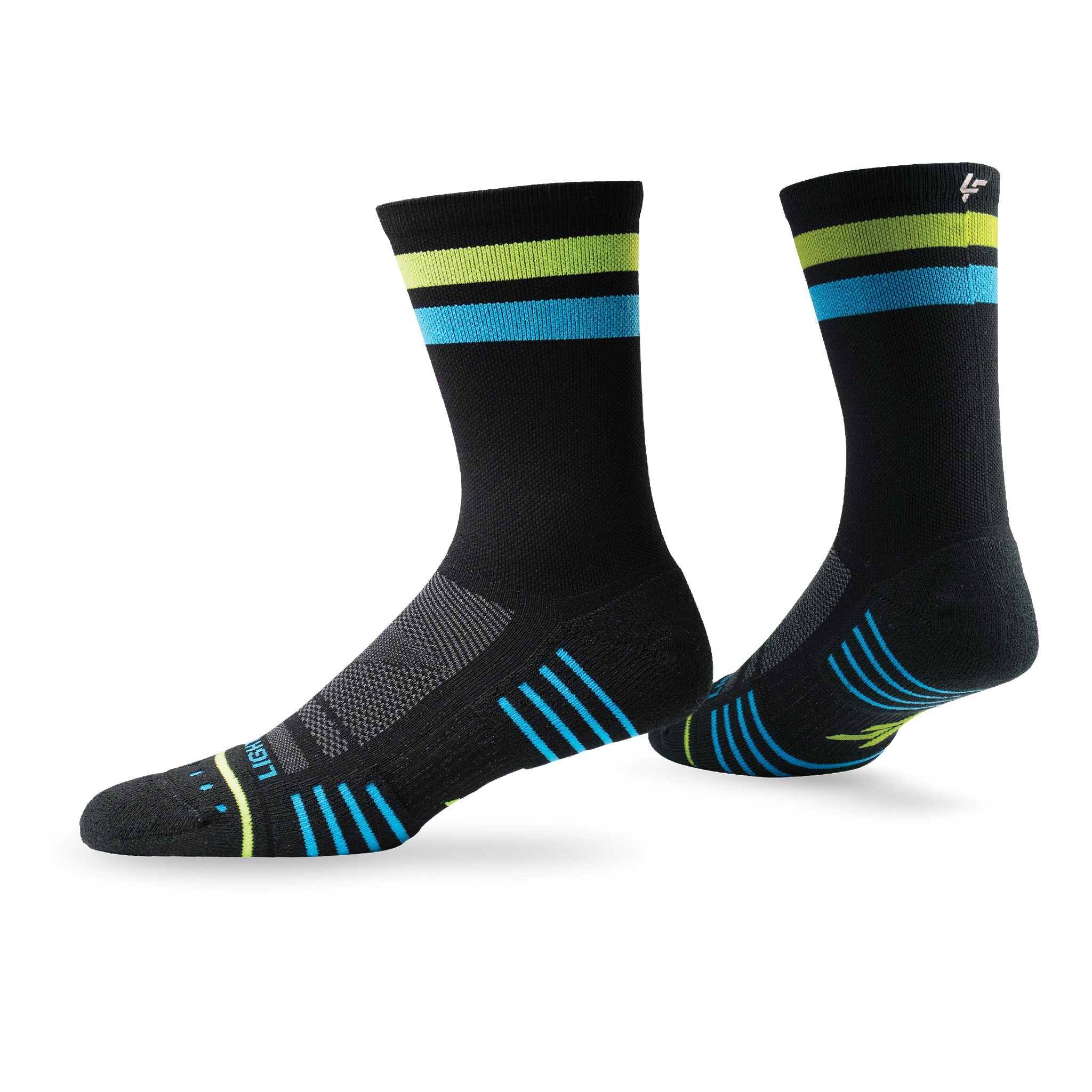 Pair of Lightfeet Performance 2 Stripes Black Yellow Aqua Crew Socks 