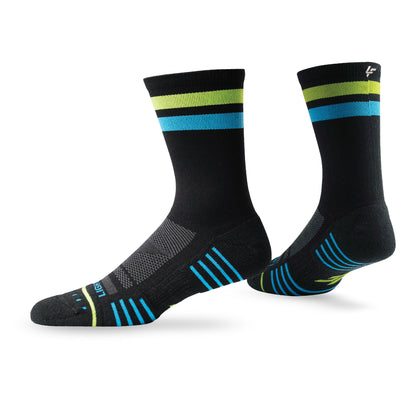 Pair of Lightfeet Performance 2 Stripes Black Yellow Aqua Crew Socks 