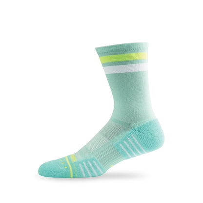 Side view of Lightfeet Performance 2 Stripes Glacier Yellow White Crew Socks 