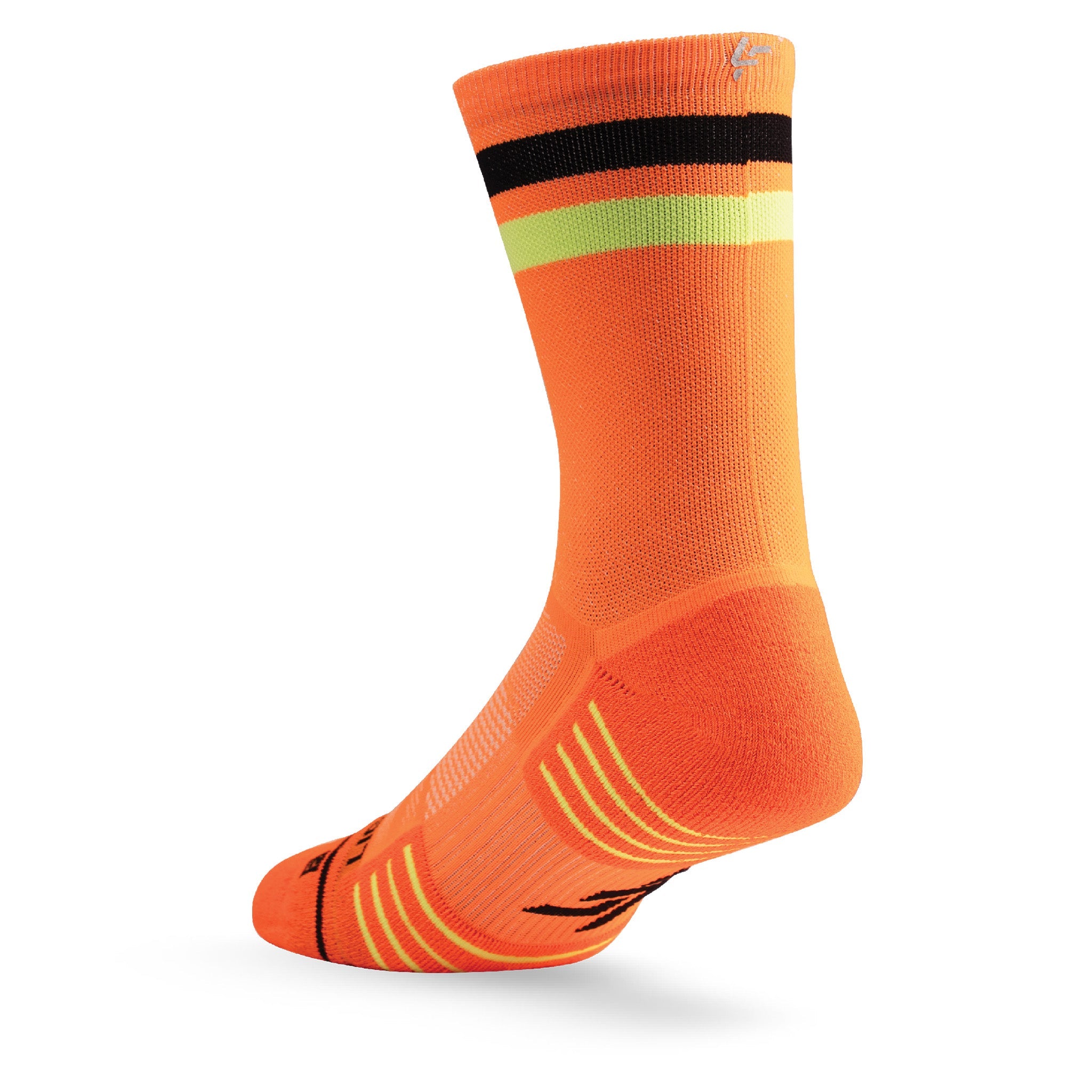 Heel view of Lightfeet Performance 2 Stripes Orange Black Yellow Crew Socks 
