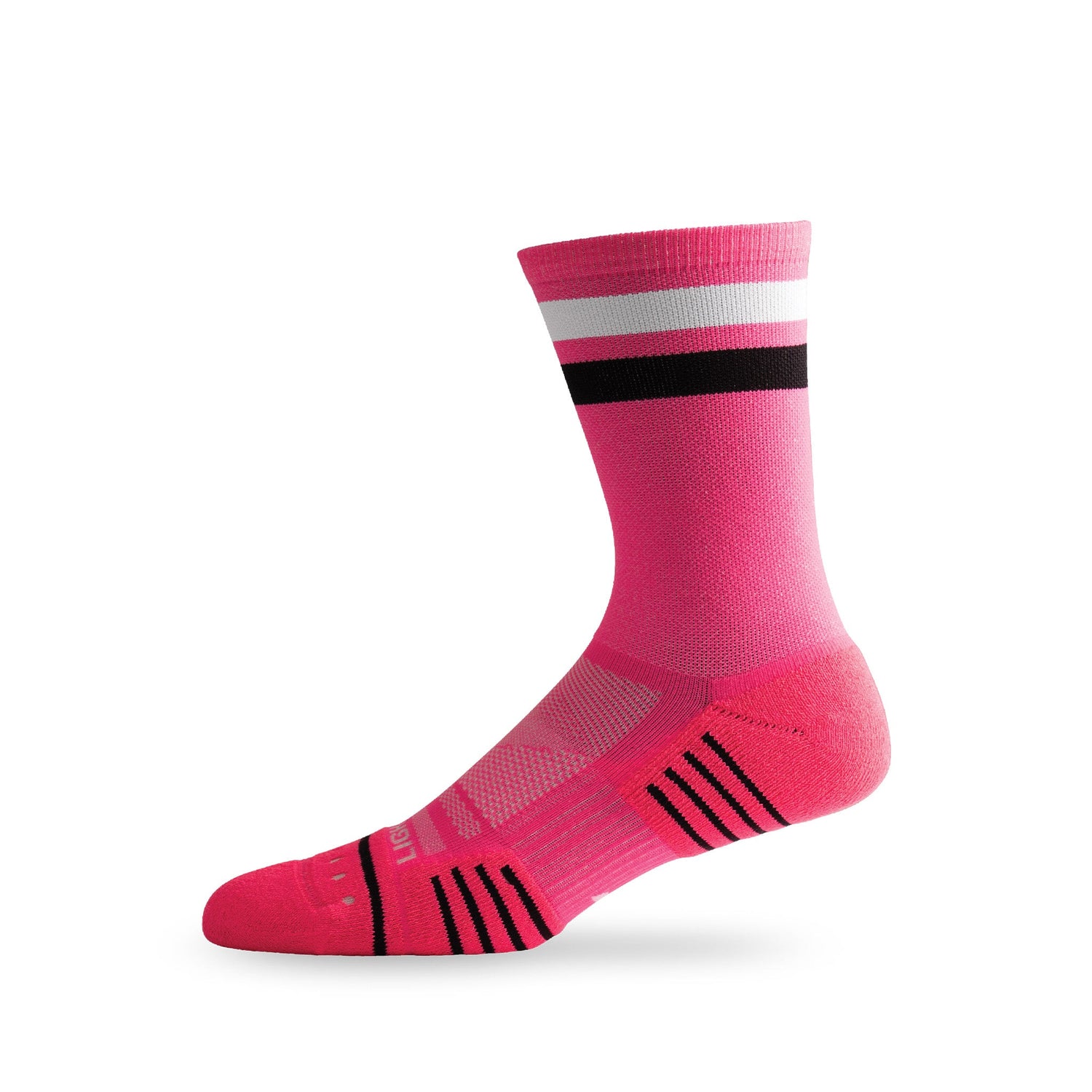 Side view of Lightfeet Performance 2 Stripes Pink White BlackCrew Socks 