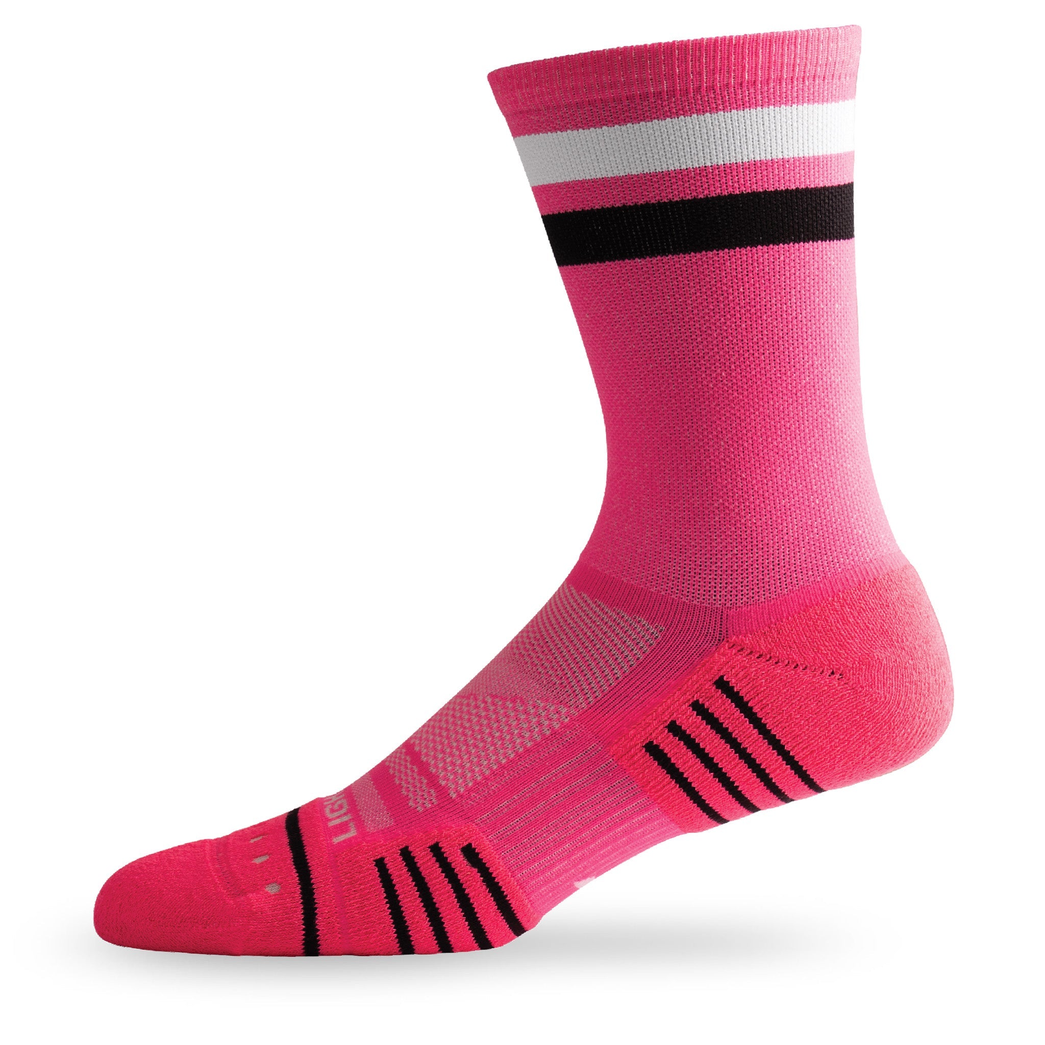 Side view of Lightfeet Performance 2 Stripes Pink White Black_x0010_Crew Socks 