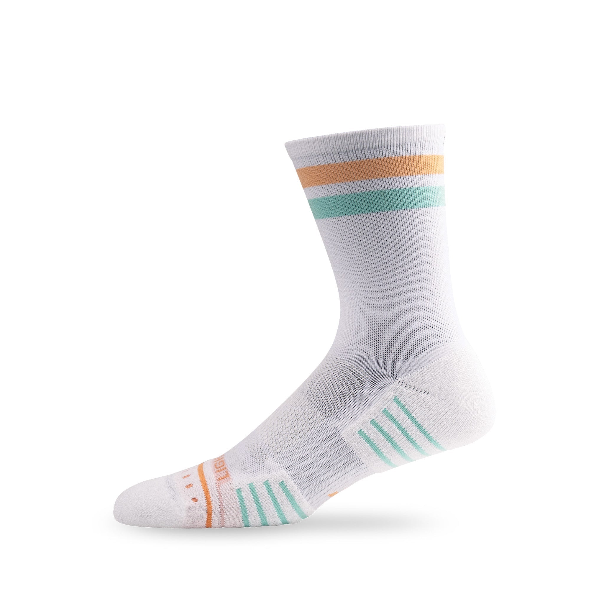 Side view of Lightfeet Performance 2 Stripes White Coral Glacier Crew Socks 