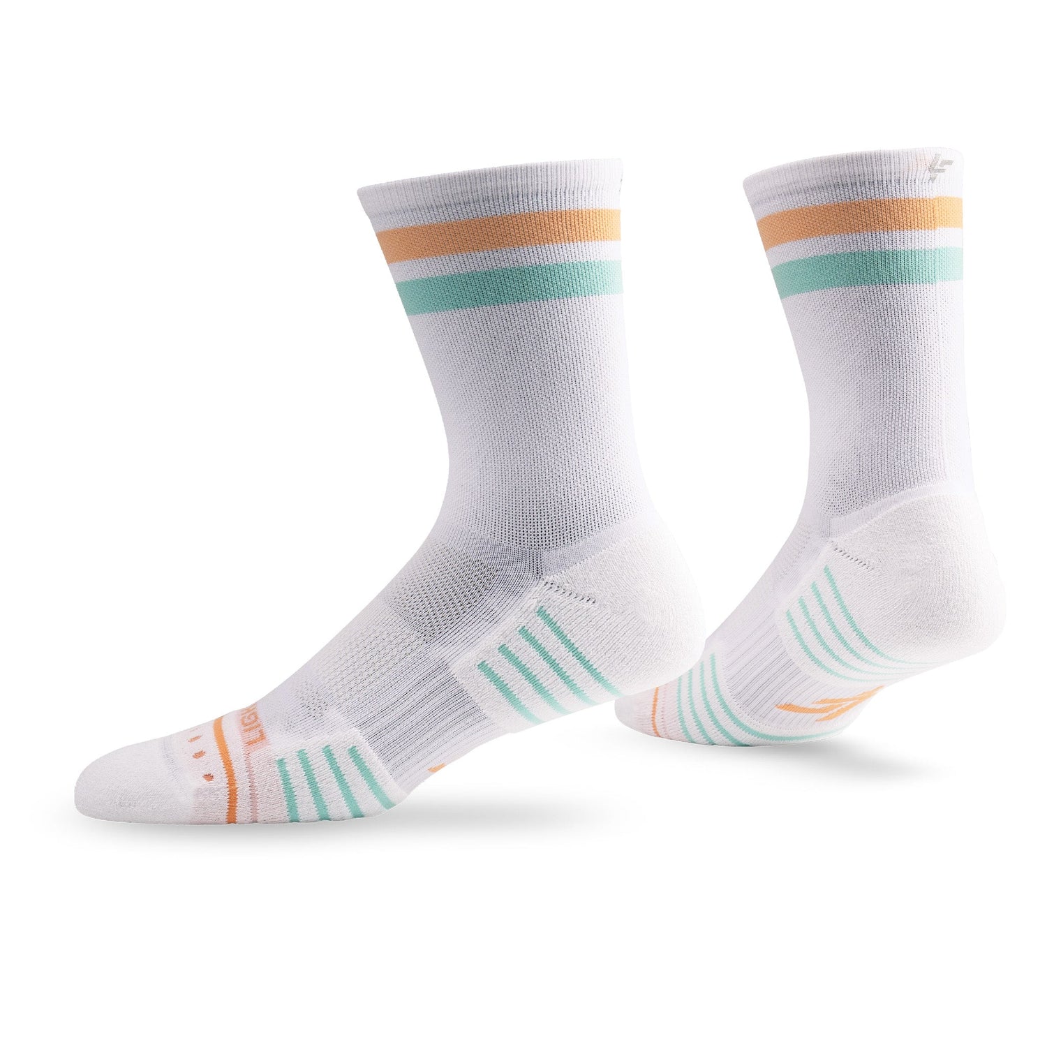 Pair of Lightfeet Performance 2 Stripes White Coral Glacier Crew Socks 