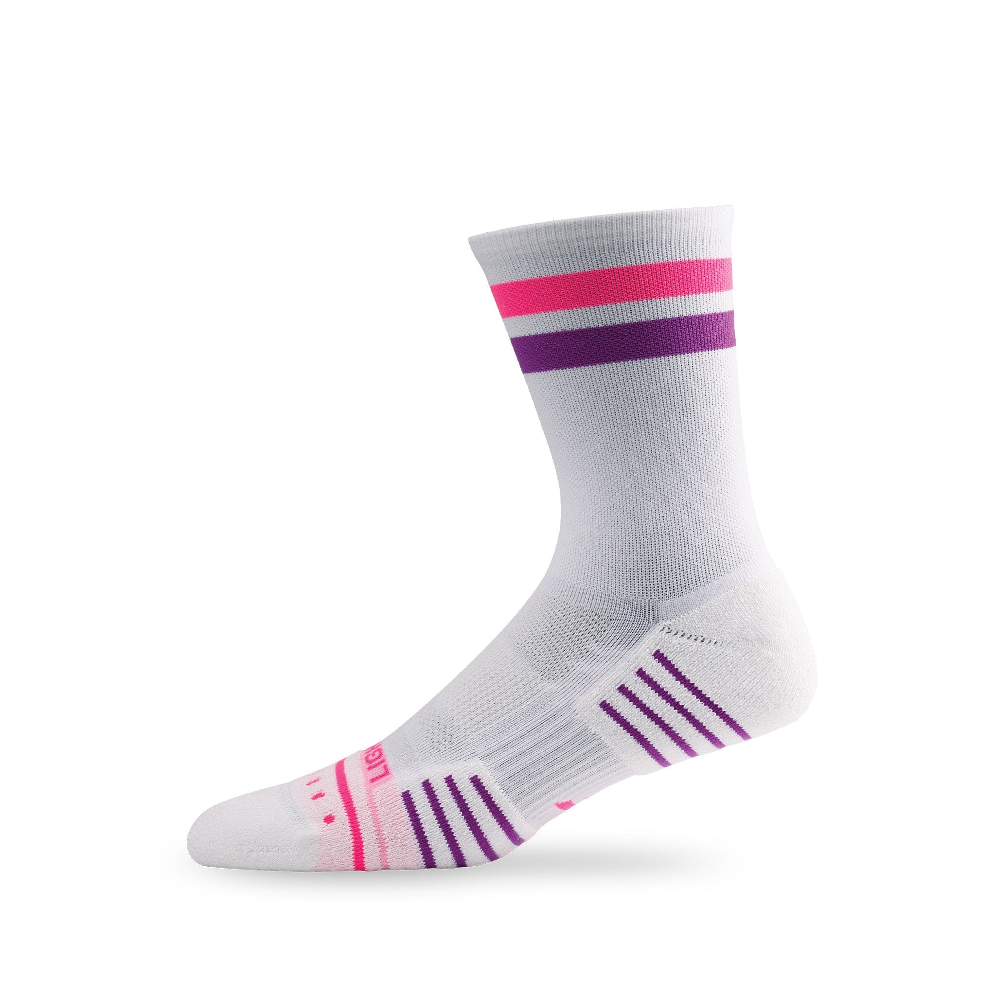 Side view of Lightfeet Performance 2 Stripes White Pink Purple Crew Socks 