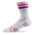 Side view of Lightfeet Performance 2 Stripes White Pink Purple Crew Socks 