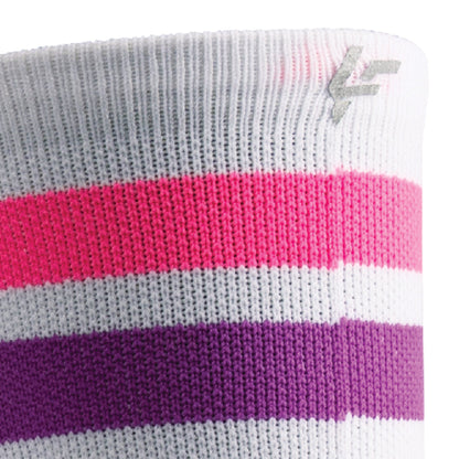 Close up view of reflective print symbol on Lightfeet Performance 2 Stripes White Pink Purple Crew Socks 