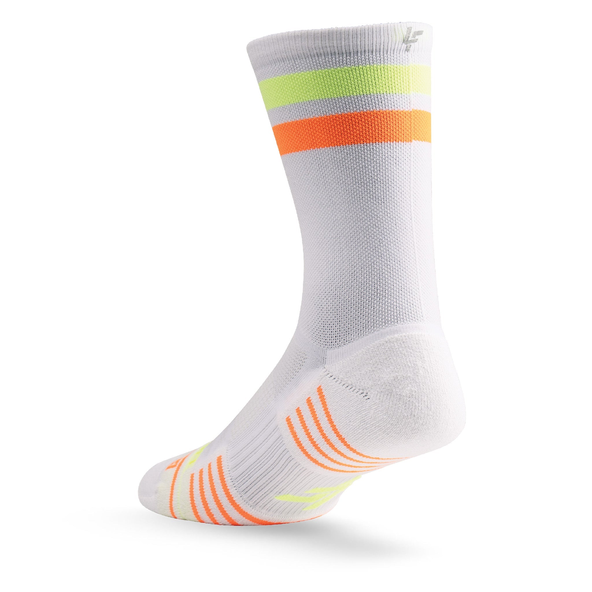 Heel view of Lightfeet Performance 2 Stripes White Yellow Orange Crew Socks 
