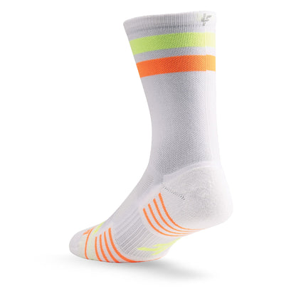 Heel view of Lightfeet Performance 2 Stripes White Yellow Orange Crew Socks 